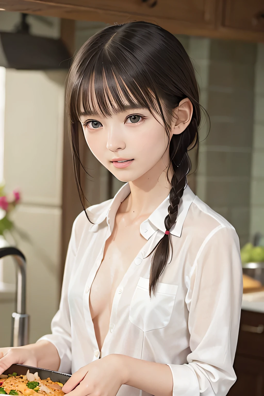 (8k, RAW photo, photorealistic:1.25), (lip gloss, eyelashes, Shiny surface, Glossy Skin, best quality, ultra highres, allows depth of field), (cleavage, naked shirt, nude, Unbuttoned open shirt:1.4), (wet hair, short two braids hair:1.5), (Color Difference, caustics, blow lighting, Natural Shading, kpop idol), crying, tears, tearing, sadness, (indoor, night kitchen, making dinner:1.5)