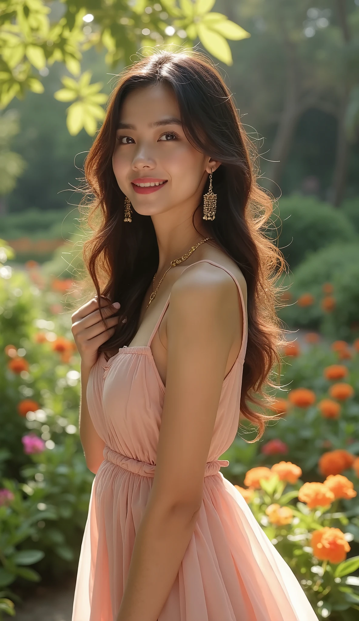 1girl, detailed face, shy expression, gently smile, (blush:1.2), white top, pink sarong skirt, desert garden, pov, vibrant bloom tapestry, soft shadow, desert roses, huge bonsai style caudex with lots of adenium flower, (10yo, cute:1.3), (breasts:1.2),