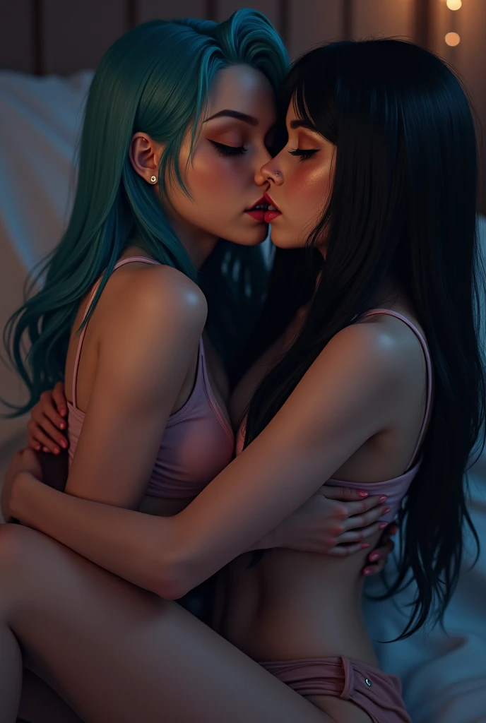 (Uma menina bonita, loira vista de Costas, com uma bunda redonda, nuas, Elas se beijam apaixonadamente, kiss from tongue to tongue, they are lying on a big round bed, )(frouxa de cama seda vermelhas)), ((blue neon nightclub lighting)), Nixeu e Sakimichan, Serafim Ahri KDA, lesbian kiss, inspirado em Tim e Greg Hildebrandt, Nick Silva e Ilya Kuvshinov, inspirado em Vincent Lefevre, Sakimichan e Frank Franzzeta, sensual 8K lighting), Post apocalyptic,