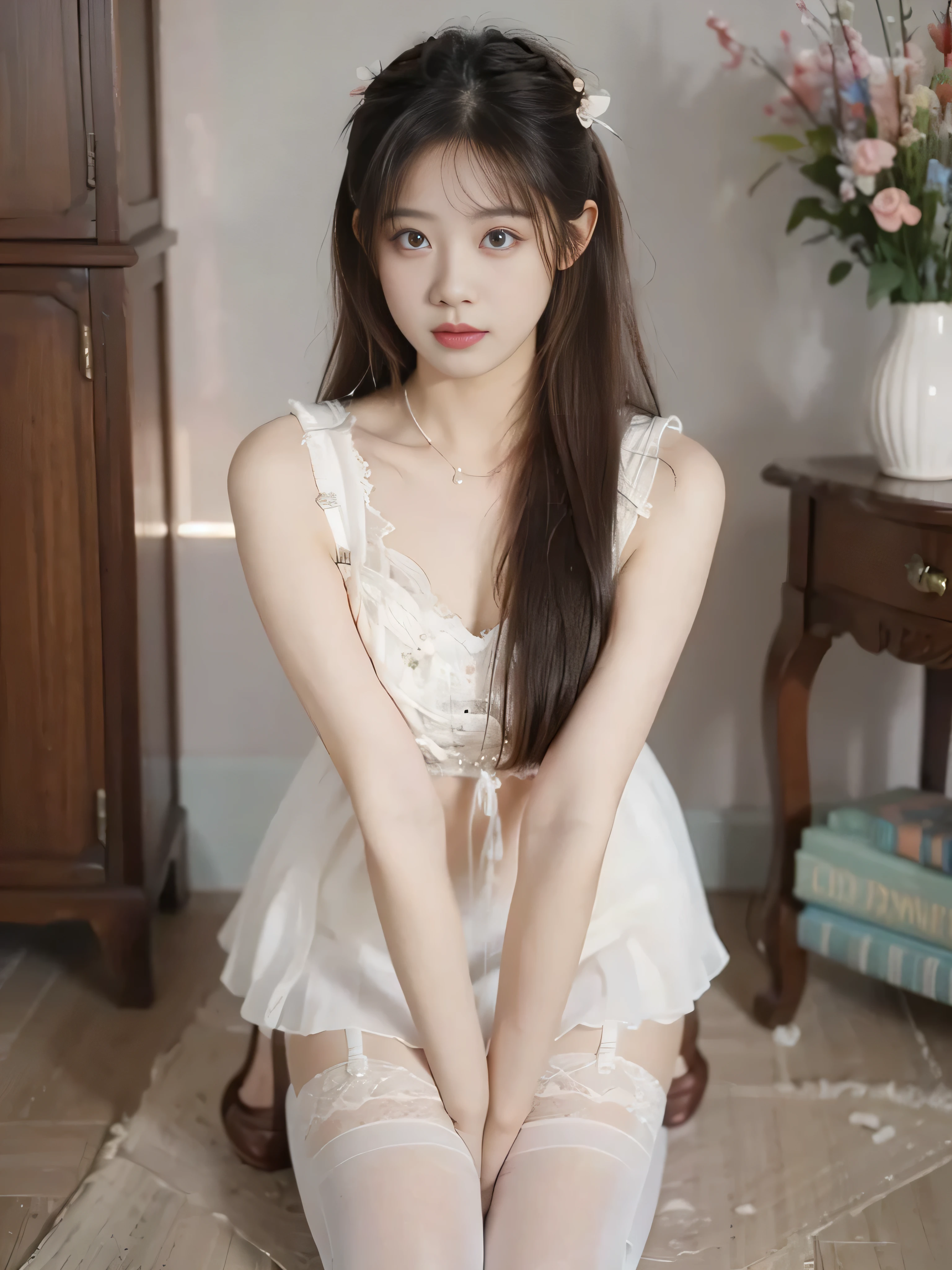 a beautiful girl, wearing white thin stockings, kneeling