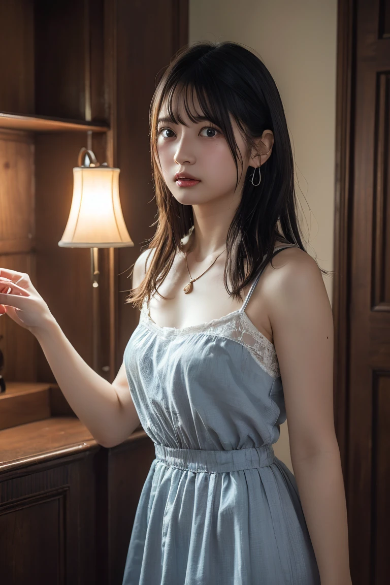 (Highest quality:1.4),(masterpiece:1.4),(Realistic:1.4),(Realistic:1.2),(超High resolution, RAW Photos:1.4),(High resolution, Super detailed:1.2),(8K:1.2),View your audience,Cinematography,One Girl,skeletally correct,Black-haired woman,(Small earrings,necklace,lace party dresses,Light blue long dress,Beautiful body lines,View from the front),(Inside the Western-style building,Dimly lit room,The lamplight shines on my cheeks)