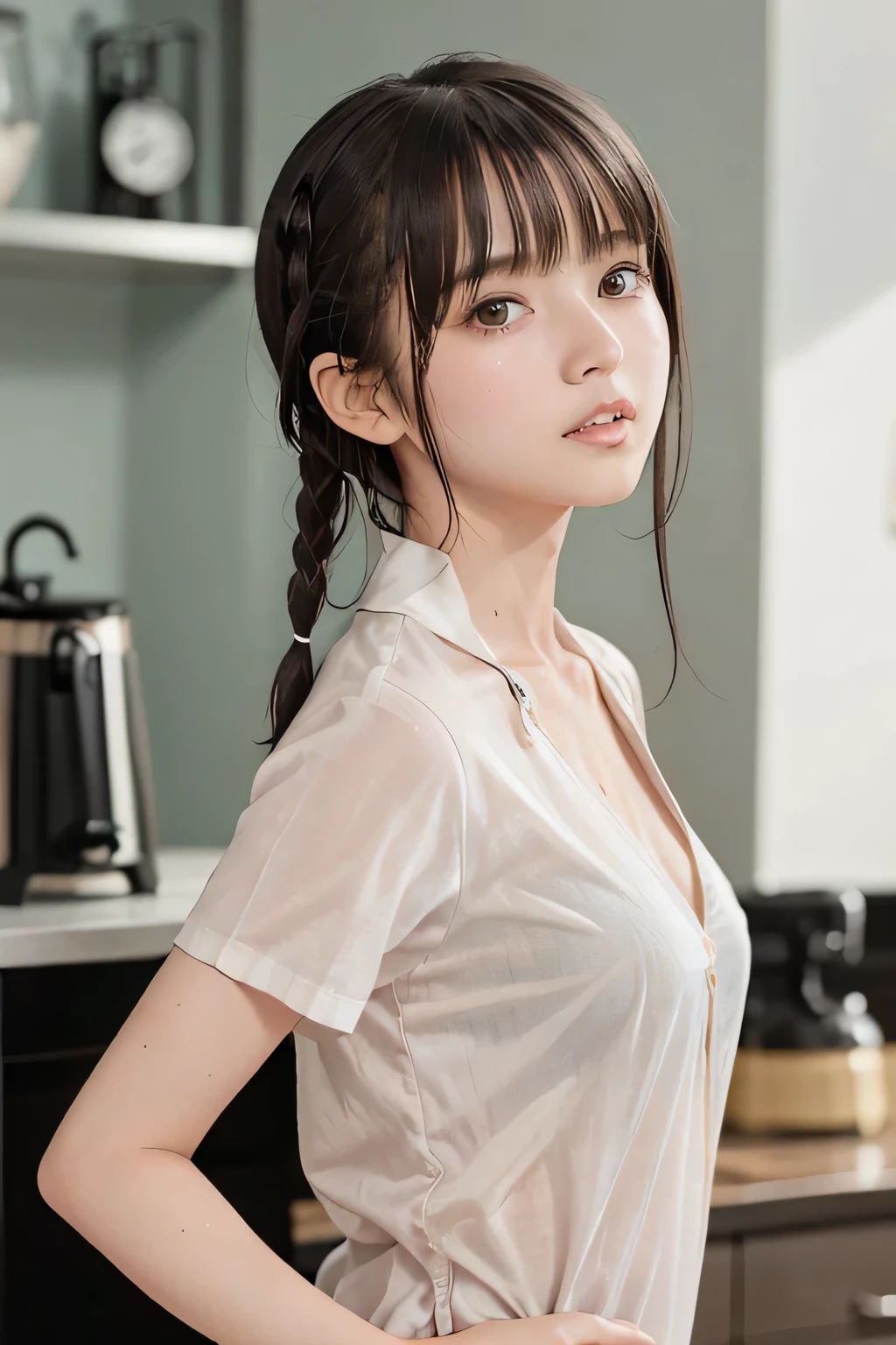 (masterpiece, best quality:1.2), 1girl, solo、Amazingly cute girl、Upper Body、 Apron、Sukesuke's apron、Glasses、Smile、Professional Lighting、