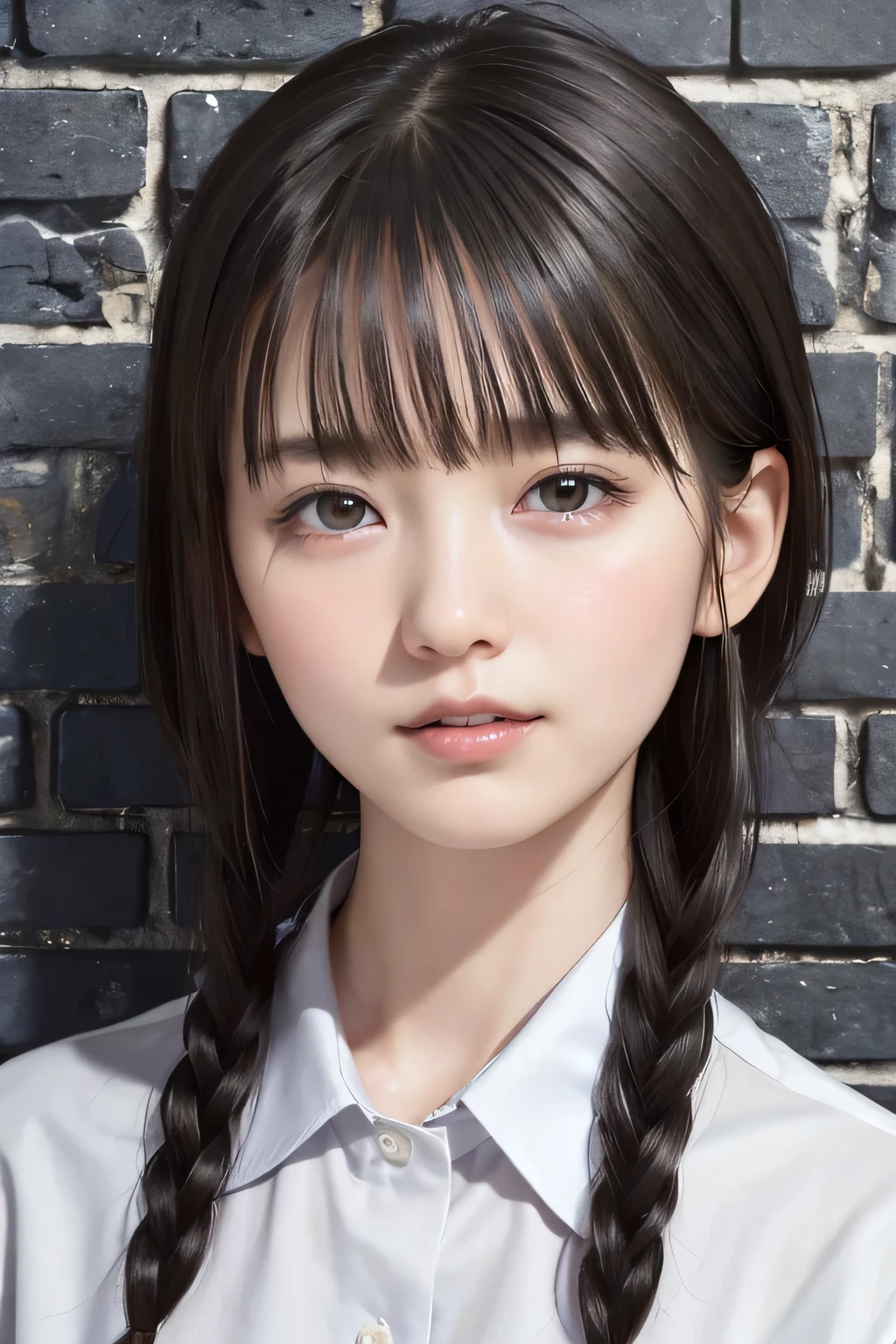 (8k, RAW photo, photorealistic:1.25) ,( lip gloss, eyelashes, Shiny surface, Glossy Skin, best quality, ultra highres, allows depth of field, naked shirt, short two braids hair, Color Difference , caustics, blow lighting , Natural Shading, kpop idol) , while staring at the audience 、With an expression of calm and bliss like a goddess, crying, tears, tearing, sadness, dark dungeon