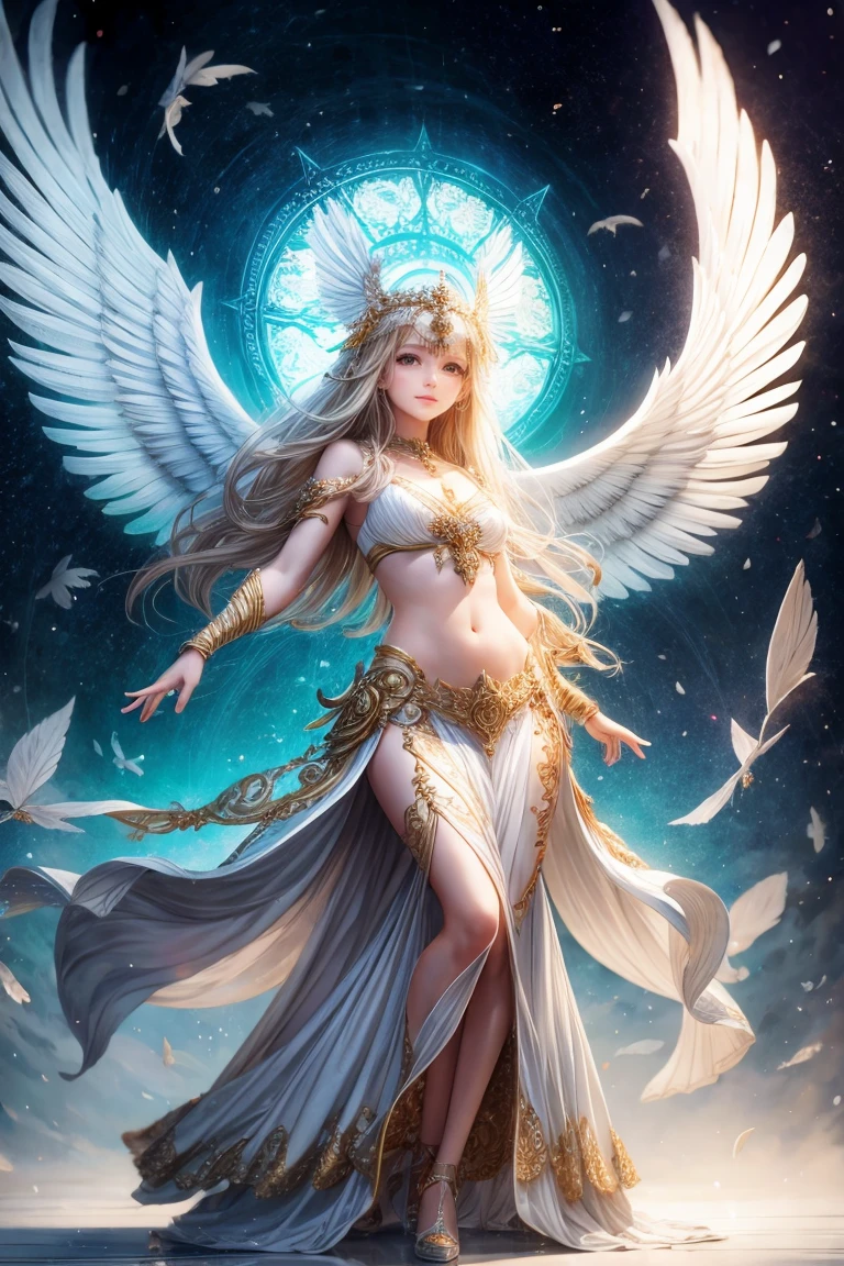 ((NSFW)), a close up of a woman with a long dress and wings, glowing angelic being, ethereal angelic being of light, of beautiful angel, beautiful angel, elven angel meditating in space, beautiful female angel, astral fairy, ethereal wings, angel spirit guide, celestial goddess, portrait of a beautiful angel, angelic light, colorfull digital fantasy art, of an beautiful angel girl, (see through private parts:1.3), bracelets of gold, golden halo 2cm thick, showing me to come, looking at me directly, (almond shaped beautiful eyes with brigh shining light:1.4), Best Quality, (8K, Raw photo Best Quality), (Realistic, Photorealsitic:1.37), Ultra-detailed, detailed clothes, Skin Texture, Cinematic lighting, semi transparent, (see through garnet with medium breasts and nipples:1.4), (visible crotch through a white garnet:1.4)