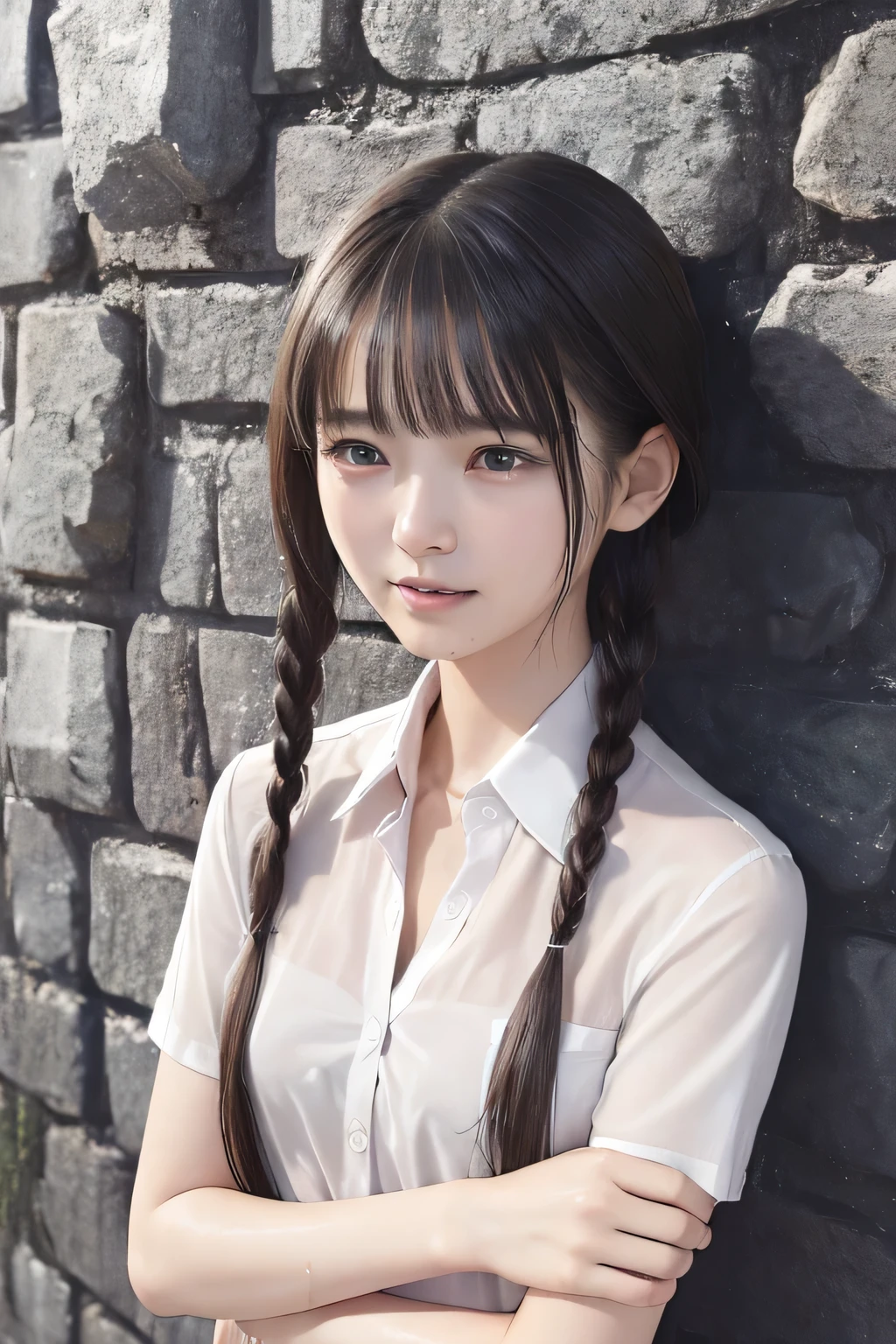 (8k, RAW photo, photorealistic:1.25), (short two braids hair, wet hair:1.5), (lip gloss, eyelashes, Shiny surface, Glossy Skin, best quality, ultra highres, allows depth of field, Color Difference , caustics, blow lighting , Natural Shading, kpop idol), (cleavage, naked white shirt, nude, short sleeve shirt, Unbuttoned shirt:1.7), With an expression of calm and bliss like a goddess, crying, tears, tearing, sadness, dark dungeon