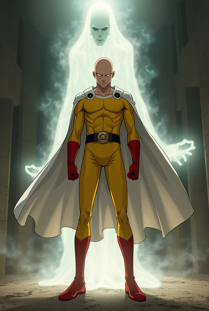 zPDXL, score_9, score_8_up, best quality, masterpiece, 4k, rating explicit, very aesthetic,
detailed skin texture, natural skin texture, detailed facial features, white skin, glowing skin, 
1girl is saitama_\(one-punch_man\) cosplay costume, ((yellow long sleeve trousers bodysuit, red gloves, red high_boots, black belt, white cape)),
fighting stance, 
frontlight, solo:2, beautiful-bald:2, sleek-bald:2, clenched_hand, slender, tall female, large breasts, collarbonet, looking at viewer, standing,
in a shopping street with people coming and going.