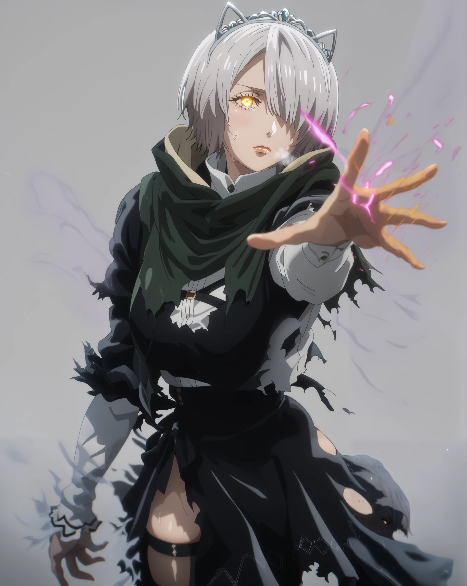 neisan style, score_9, score_8_up, score_7_up, score_6_up, uncensored, chartreux westia, ((short hair)), bangs, yellow eyes, grey hair, hair over one eye, tiara, bright pupils, anime coloring, anime screencap, (voluptuous:1.3), (thick:1.3), BREAK UHD, retina, masterpiece, accurate, anatomically correct, textured skin, super detail, high details, high quality, award winning, best quality, highres, 4K, excessive sweating, sweating, sweating drop, (gasping, heavy breathing:1.3), (skindentation:1.2), perfect eyes, beautiful eyes, eyelashes, makeup, detailed body, perfect body, BREAK, (aura:1.4), solo, hood, 1girl, cloak, hood_up, glowing, torn_clothes, grey_background, simple background, particle, gothic, glowing eyes