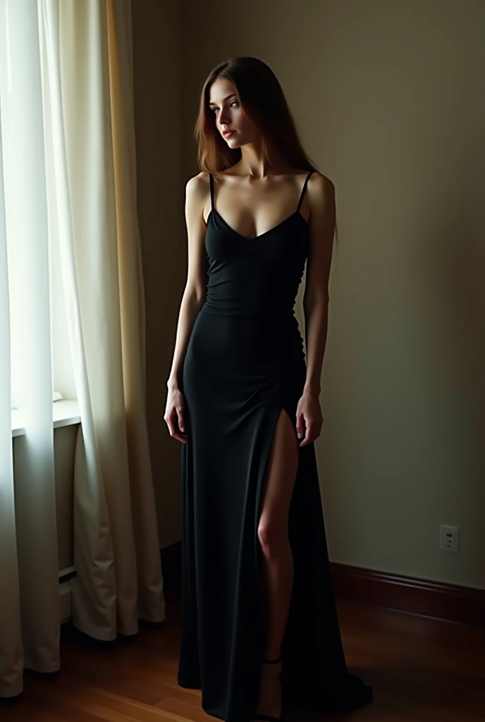beautiful ginger girl in the club with a sexy black dress on a bathroom