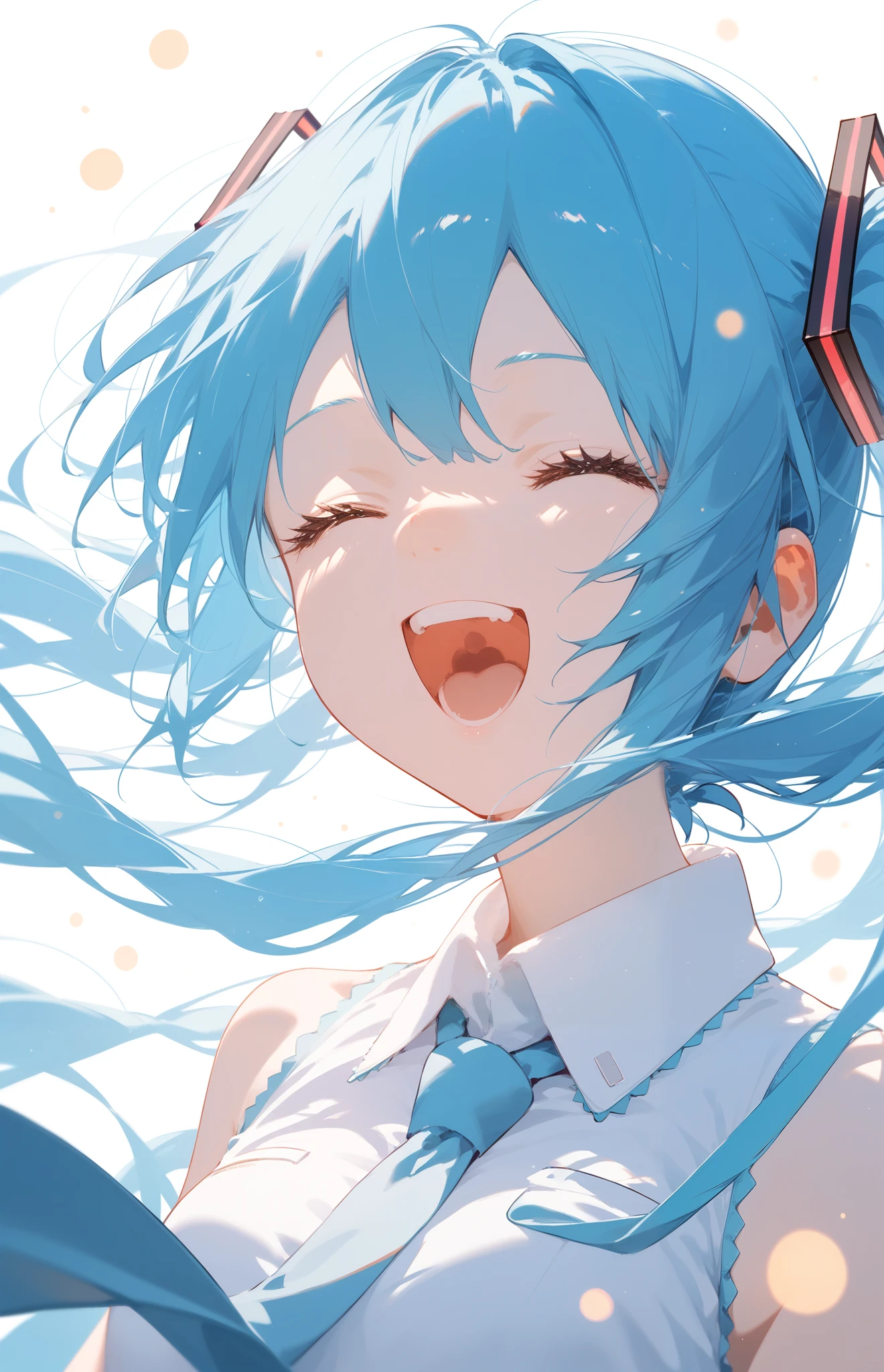 score_9,score_8_up,score_7_up,score_6_up,source_anime,softnai3style,
solo, hatsune miku, 1girl, twintails, closed eyes, long hair, open mouth, floating hair, smile, close-up, simple background, happy, white background, teeth, upper body, very long hair, light particles, shirt,,