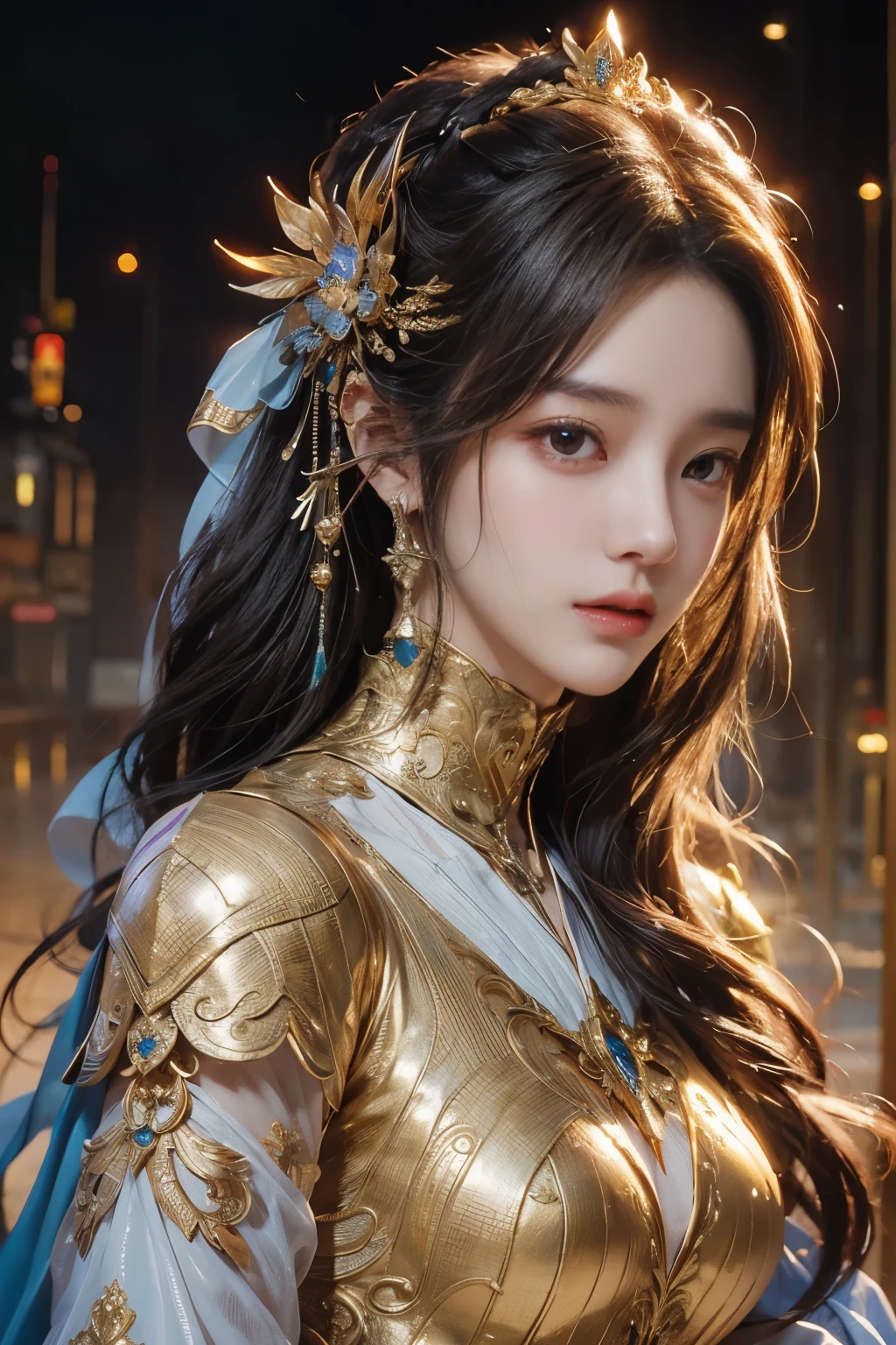 Close-up of a woman in a platinum gold dress, chengwei pan on artstation, by Yang J, detailed fantasy art, stunning character art, fanart best artstation, epic exquisite character art, beautiful armor, extremely detailed artgerm, detailed digital anime art, artgerm on artstation pixiv, armor girl