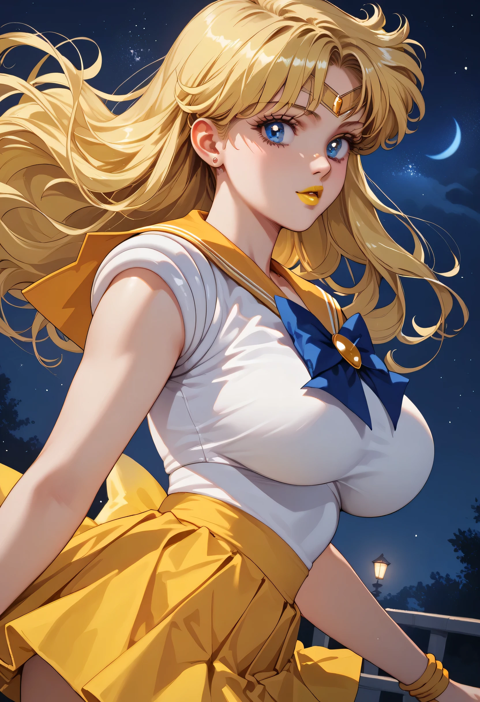 woman, big breasts, yellow lipstick, anime style, white skin, blue eyes, blonde hair, night, loose hair, yellow skirt, Sailor Venus