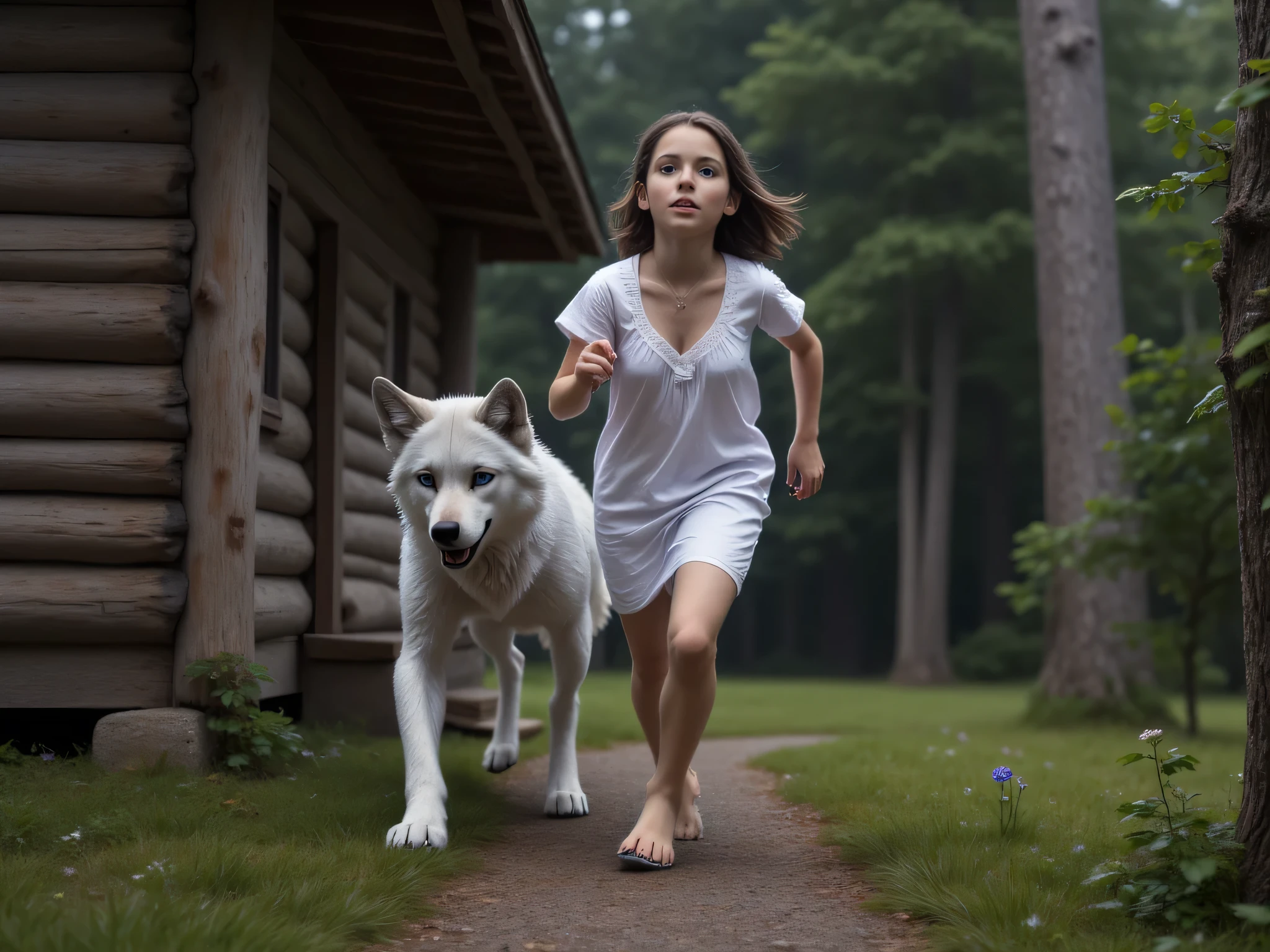 (masterpiece), best quality, 1wolf, 1girl, a young innocent girl, with young innocent face, dark blond hair with side bun, wearing a white nightgown,  feet, (flat ), is running out an old wood cabin, with dense forest around, the model is being chased by a real ferocious grey wolf , at twillight