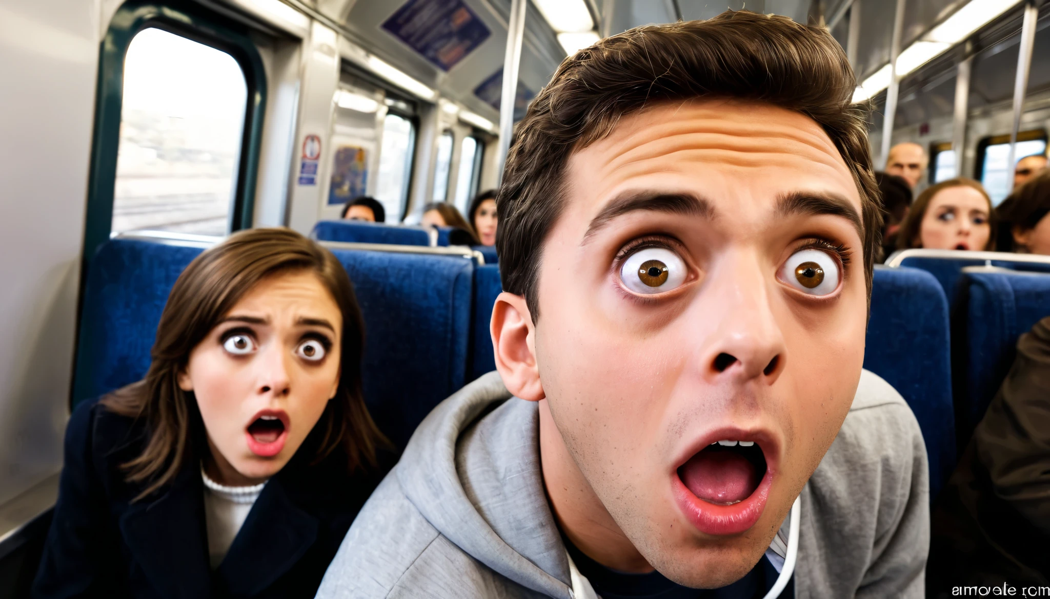 dynamic angle, Super Detail,, 1 American in the background,male, light brown eyes, big eyes, shock, Surprised, shocked eyes, out of breath, Confused, Train
