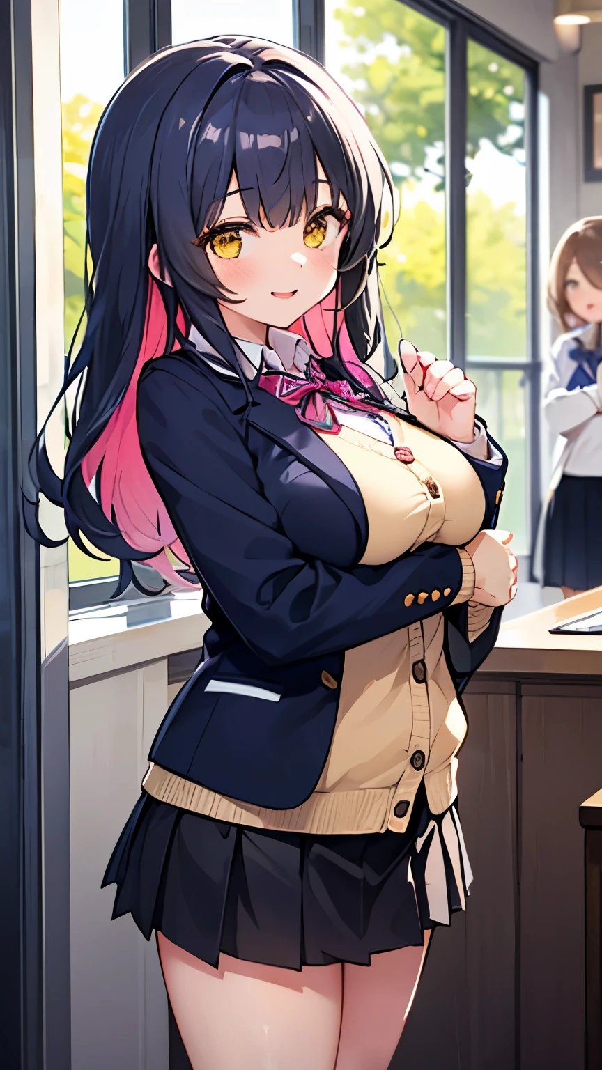 top quality,8k,smile, blazer,Uniform ribbon, miniskirt, high school girl, depicting multiple girls, colorful fashion, harem, idol group, photography, long hair, wearing a cardigan , top quality, big breasts, happy girl , horny girl, yellow eyes, perfect face,Standing, horny girl,Girls hugging each other ,One person's Bangs, beautiful eyes,corridor,Girls hugging each other , Smooth Hair ,Various hair colors , naughty girls, beautiful girl, beautiful girl, loose socks