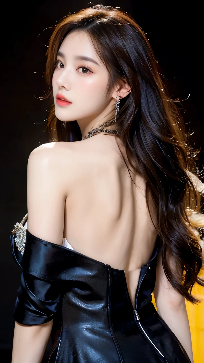 Ultra HD resolution,artistic photos,Photography,21year girl,earrings,long hair,Black background,Black backless dress,necklace,cowboy shot,H cup,Showing cleavage,Expose more breasts,Amazing breast size,Erect nipples,Expose the areola,Bigger breasts,Smooth and beautiful back,Completely bare back,Cold white skin,Big buttocks,Messy hair,Messy hair,Ruddy face