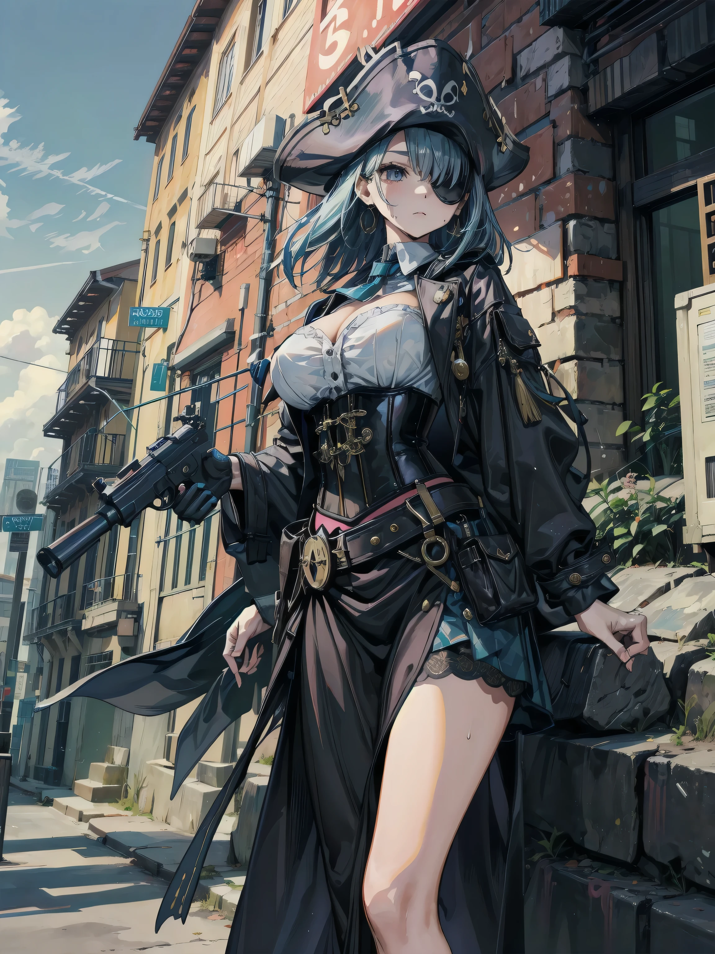 (Practical pirate clothing), Long-sleeved pirate top, Skirt, torn pirate hat, absurdres, RAW photo, extremely delicate and beautiful, masterpiece, Best Quality, ultra high resolution, 32k, hyperrealistic, ultra-detailed, detailed description, pale skin, 20 years old, tearful mole, earring, big tits, short medium hair, wavy hair, whole body shot,