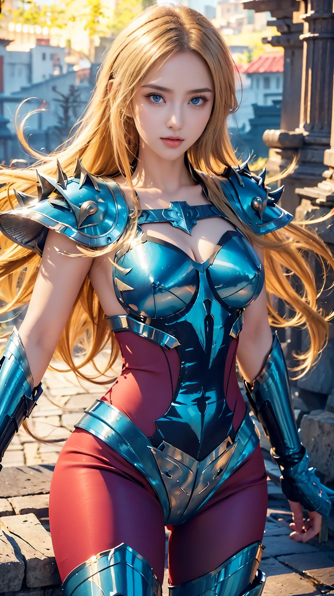 A very realistic depiction of a warrior woman with flowing long blonde hair, a sexy body, large breasts, a slight cleavage, shiny thin lips, standing confidently against the backdrop of ancient ruins. Sharp blue eyes, and her slightly sweaty skin. He wore intricate metal armor with a futuristic design yet medieval style. His outfit consists of a sleek and form-fitting breastplate made of polished blue steel with curved metal plates designed to enhance protection. The chest plate is connected to a reinforced V-shaped waist guard, with silver-like straps securing it tightly to his body. His pauldron (shoulder guard) is large, adorned with sharp spikes facing outward. His arms are covered with segmented arm guards that extend to the elbows, made of blue metal, featuring intricate carvings and overlapping plates for flexibility in battle. The lower part of his body is covered with a fitted dark red armored bodysuit, which is integrated with metallic leg guards. The thigh and shin guards feature a layered design and articulation for mobility, with additional silver plating on the knees for extra protection. Lighting and reflections on the metallic surface enhance realism, showcasing every small detail, from the steel texture to fine imperfections and battle scratches. The background features ancient stone pillars and distant mountains.
