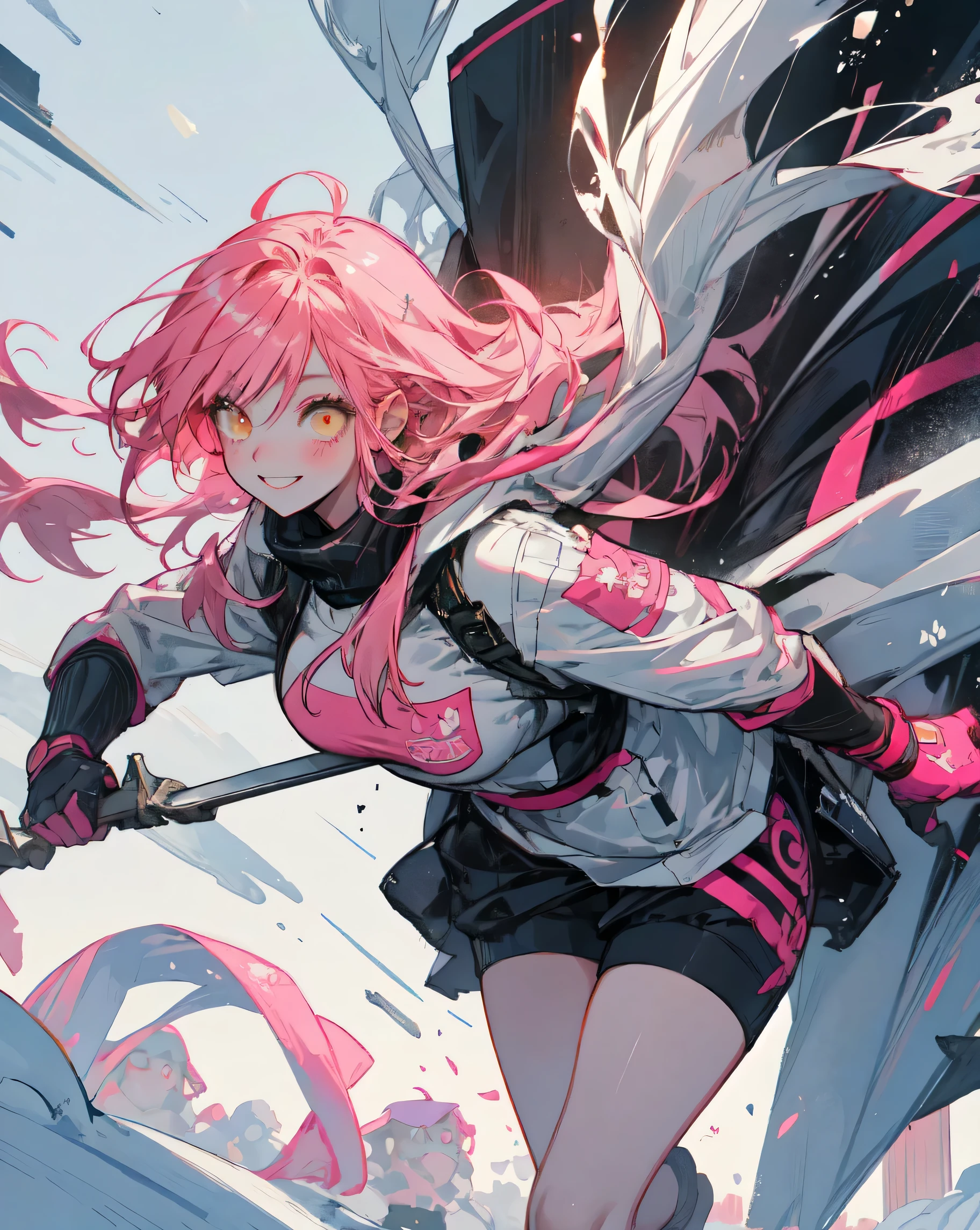 (masterpiece, best quality), 1girl, <lora:spotoriEmu-08:1> emuag, fake animal ears, fake mechanical ears, mechanical halo, black jacket, thigh strap, :d