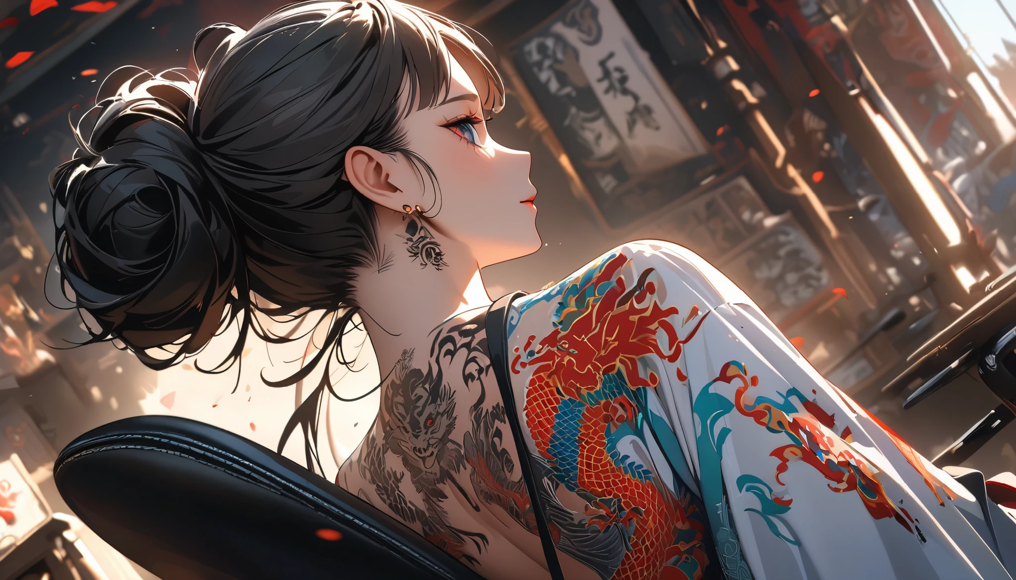 Aesthetic, painterly style, modern ink, Asian girl, sensual, dark blouse, yakuza tattoo, expressive pose, urbanpunk, multi-layered abstract texture background, neo-expressionist, Russ Mills, lan Miller, Harrison Fisher, Brian Froud, Jeremy Mann, Steadman, Hanuka, Klimt, Bell, Hobbie, Newton, greg rutkowski, atmospheric, hyperdetail, artstation trend, artgerm, deviant art, octane, masterpiece, complex art, intricate details, matte film poster painting, golden ratio, trending on cgsociety and artgerm, incredibly detailed and stunningly beautiful, vibrant color, high contrast