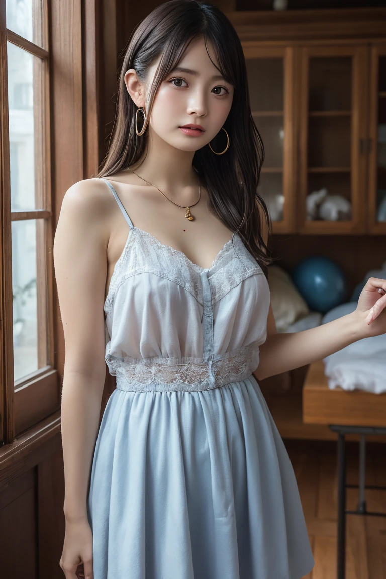 (tmasterpiece, high qulity, A high resolution,Highest picture quality),4K,Blue gauze dress, intricately details, Gorgeous and complex, cute female child,solo person,D cup chest,Naughty face, Closed eyes, Lick lip,Toothache,Cover your chin