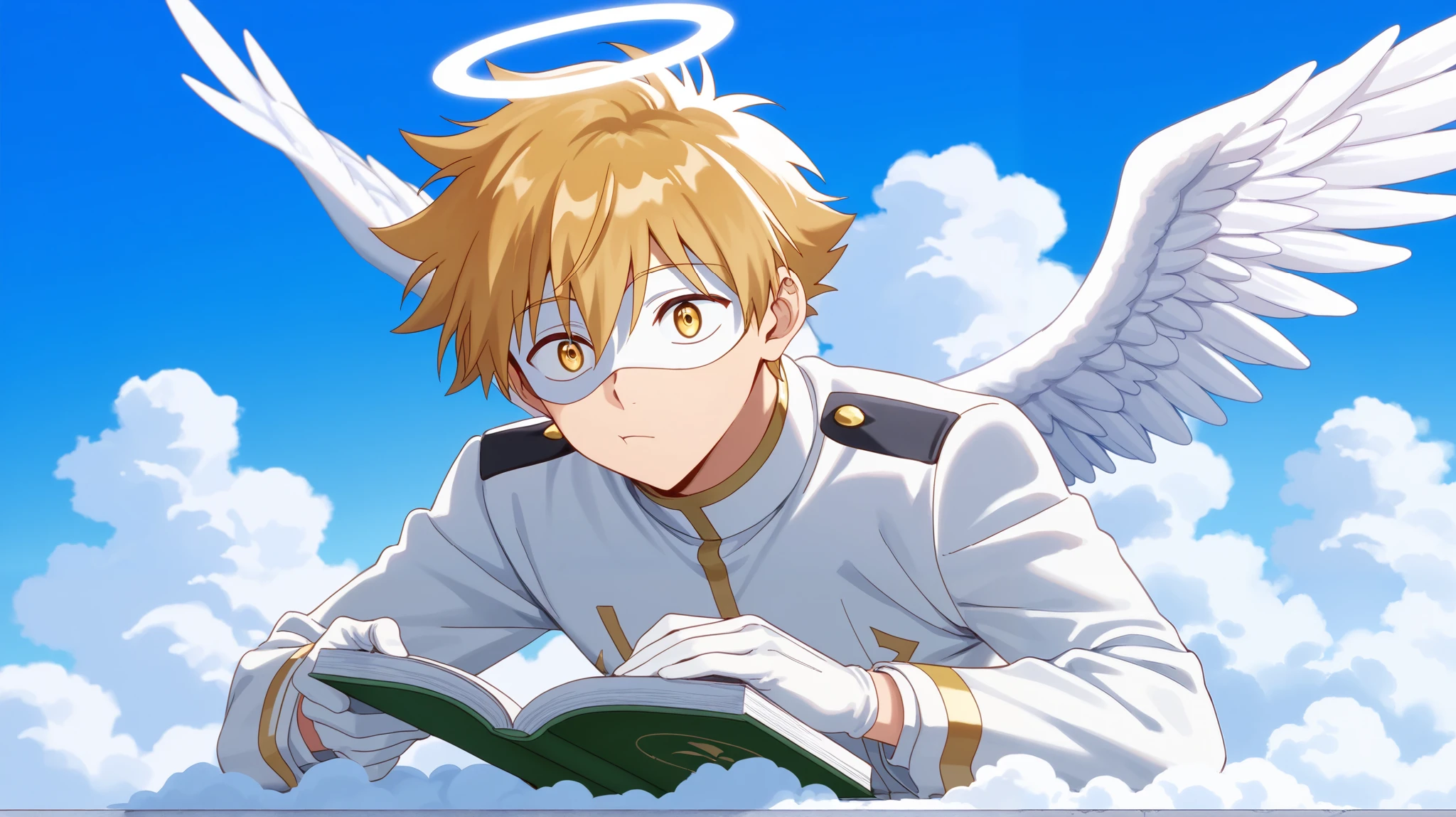 Full pure White hero masked men anime, solo, male focus,white angle uniform,white mask,white eye mask,gloves,angel,1boy,male focus,big white angel wing,angel halo,golden eyes,day sky clouds heaven bankground,inuzuka shuu, blonde,boring,playful, resting on clouds,playful,read book,