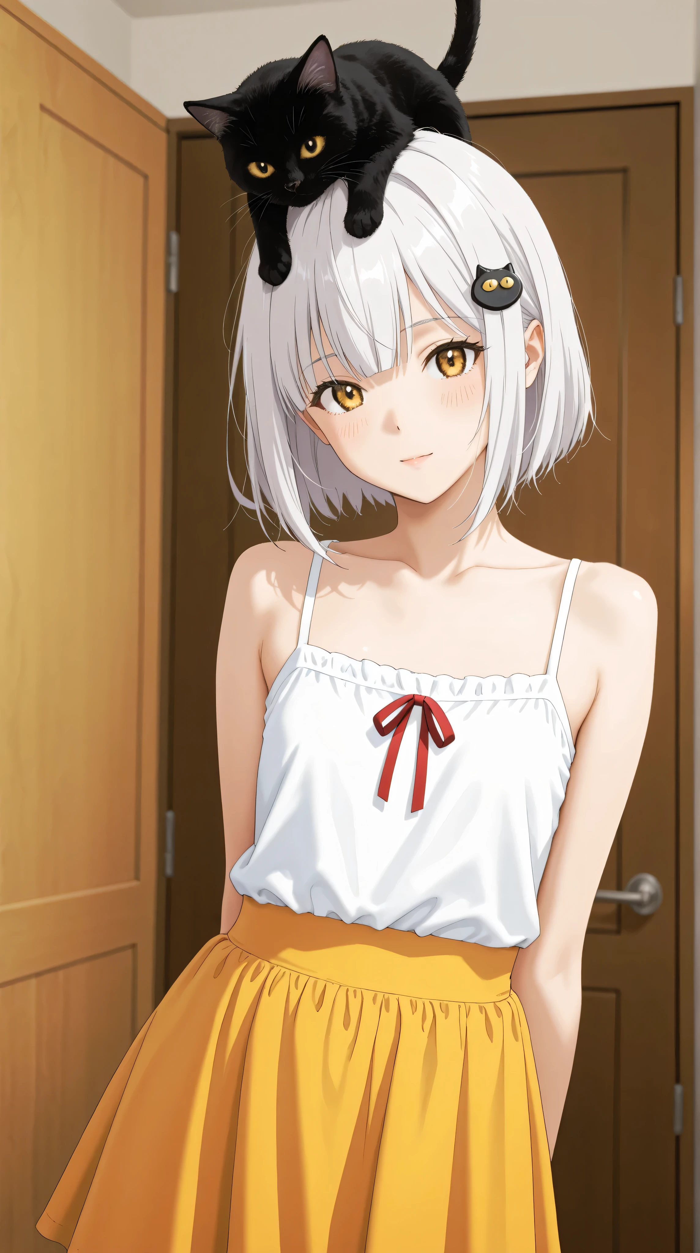 Koneko toujou is a  girl with white hair and gold eyes. The front of her hair has two long bangs going past her shoulders and several loose bangs hanging over her forehead, while the back has a short bob cut. She also wears a black cat-shaped hair clip on both sides of her hair,
