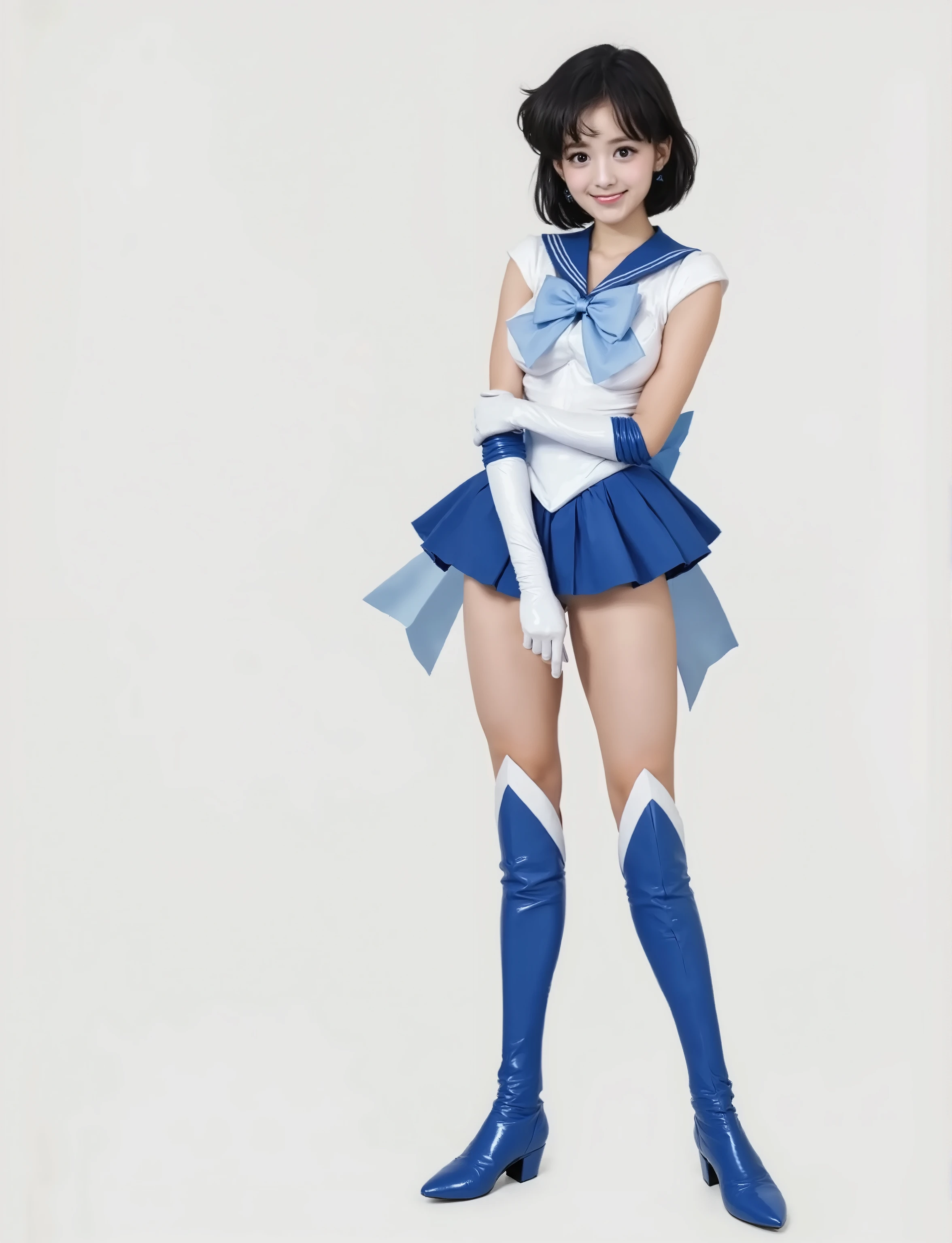 background 、((( Express beautiful legs .)))、((( Legally express the beauty of your smile )))、(((( make the most of the original image )))、((( Sailor Mercury Costume for Beautiful Legs )))、(((ボディにフィットした Sailor Mercury Costume for Beautiful Legs )))、((( beautiful hair)))、((( Crying pain )))、((( wear black tights ....、Wear red boots)))、(( top quality、8k))、(( top quality、8k、 Masterpiece:1.3))、(((Save the background )))、 Strong concentration:1.2、 slim abs :1.2、 wet body:1.5、 are high resolution face and skin textures 、8k aperture F2 .8,