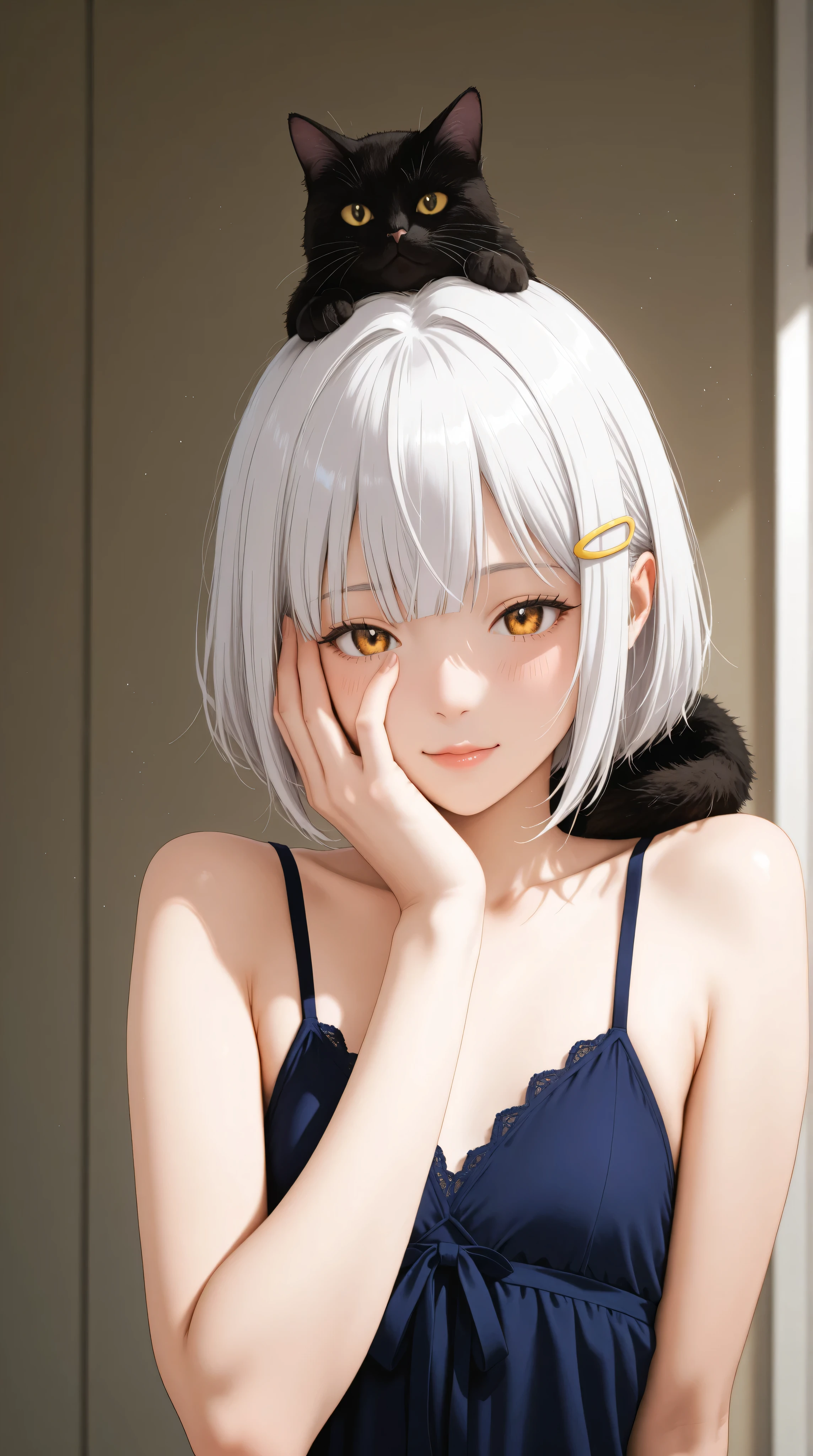Koneko toujou is a girl with white hair and gold eyes. The front of her hair has two long bangs going past her shoulders and several loose bangs hanging over her forehead, while the back has a short bob cut. She also wears a black cat-shaped hair clip on both sides of her hair,
