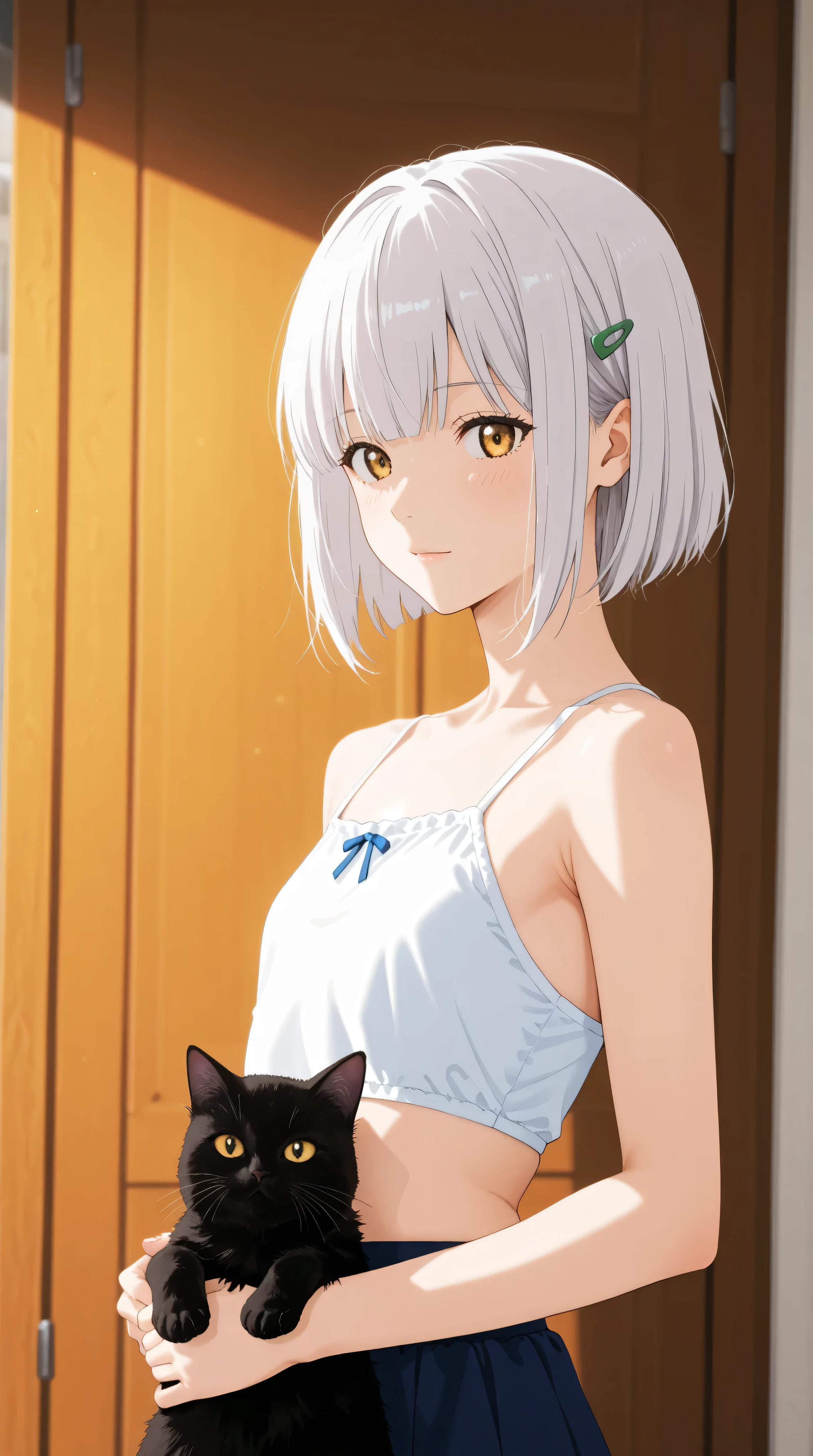 Koneko toujou is a girl with white hair and gold eyes. The front of her hair has two long bangs going past her shoulders and several loose bangs hanging over her forehead, while the back has a short bob cut. She also wears a black cat-shaped hair clip on both sides of her hair,