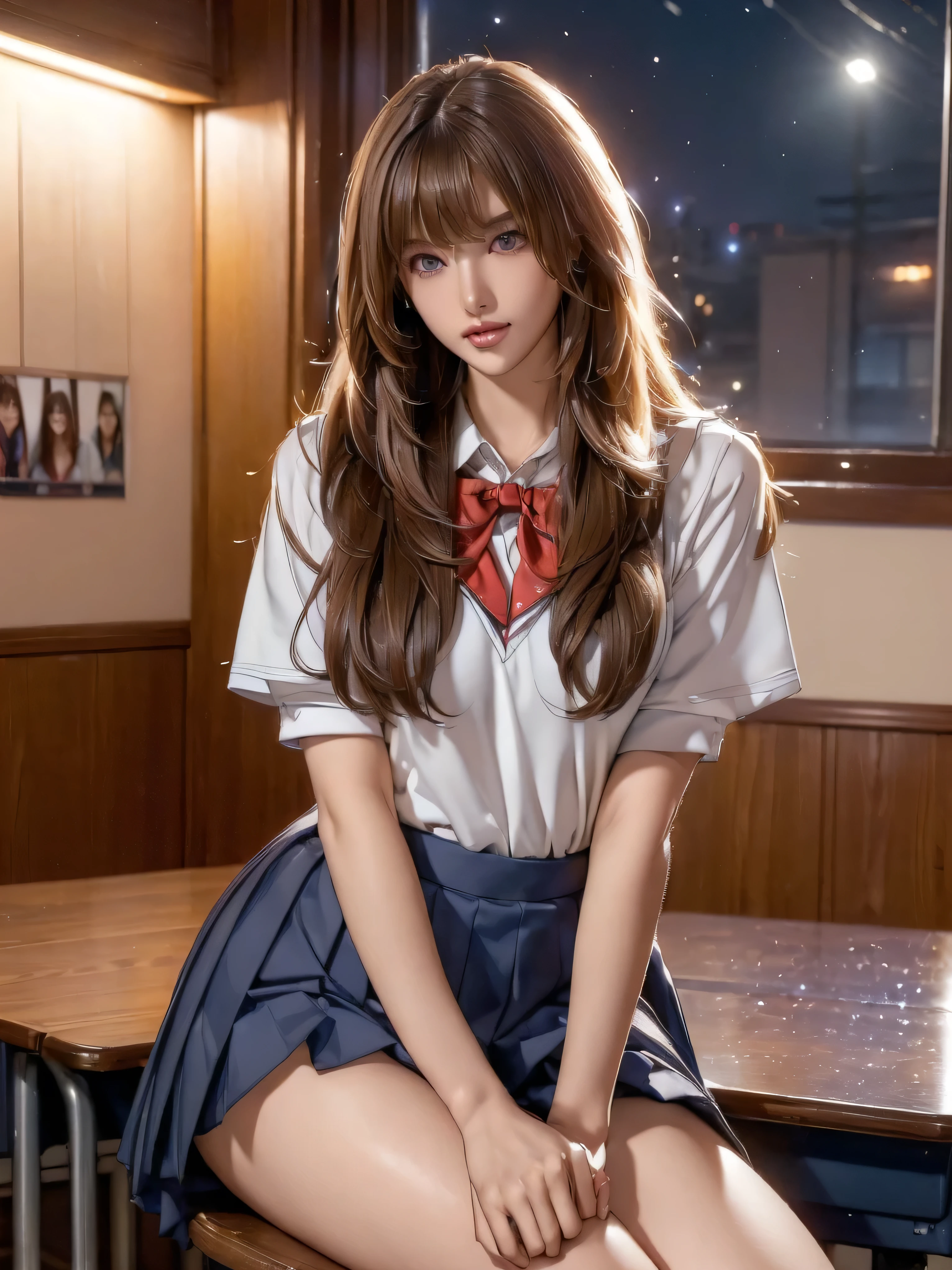 masterpiece, highest quality, Very detailed, figure, colorful, Fall colors, Depth of written boundary, Lens flare,
One girl, anime, Sitting, Black Hair, View your viewers,School, classroom, Pleated mini skirt , , serafuku, Black Pantyhose, Detailed skin texture, Detailed cloth texture, Beautifully detailed face,