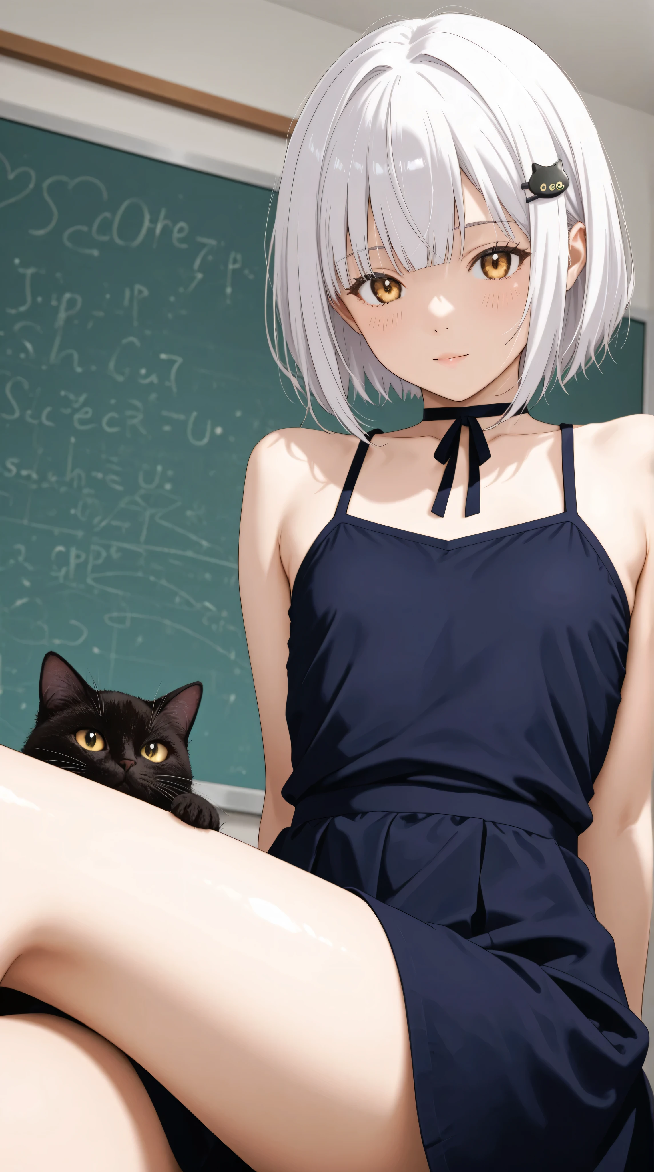 Koneko toujou is a girl with white hair and gold eyes. The front of her hair has two long bangs going past her shoulders and several loose bangs hanging over her forehead, while the back has a short bob cut. She also wears a black cat-shaped hair clip on both sides of her hair,