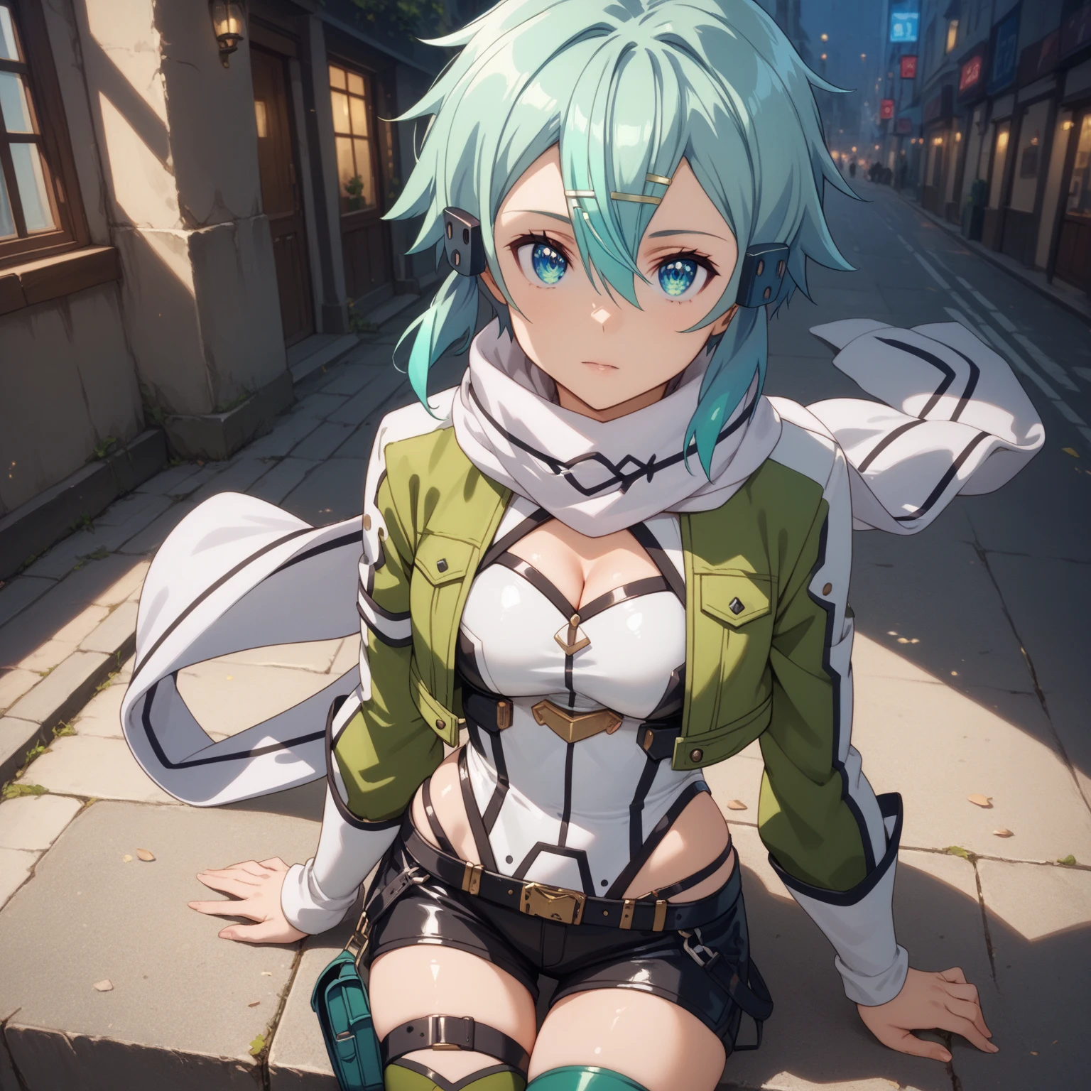 masterpIece, best qualIty, hIghres, 1gIrl, sInon1, scarf, long sleeves, short shorts, haIr ornament, haIrclIp, green thIghhIghs, зеленаI куртка, thIgh strap, hand on hIp, leanIng forward, :I, on open air, hand on knee, whole body, BREAK Indoors, BREAK classroom, BREAK (masterpIece:1.2), best qualIty, hIgh resolutIon, unIty 8k wallpaper, (IllustratIon:0.8), (beautIful detaIled eyes:1.6), extremely detaIled face, perfect lIghtIng, extremely detaIled CG, (perfect hands, идеальнаI анатомиI)