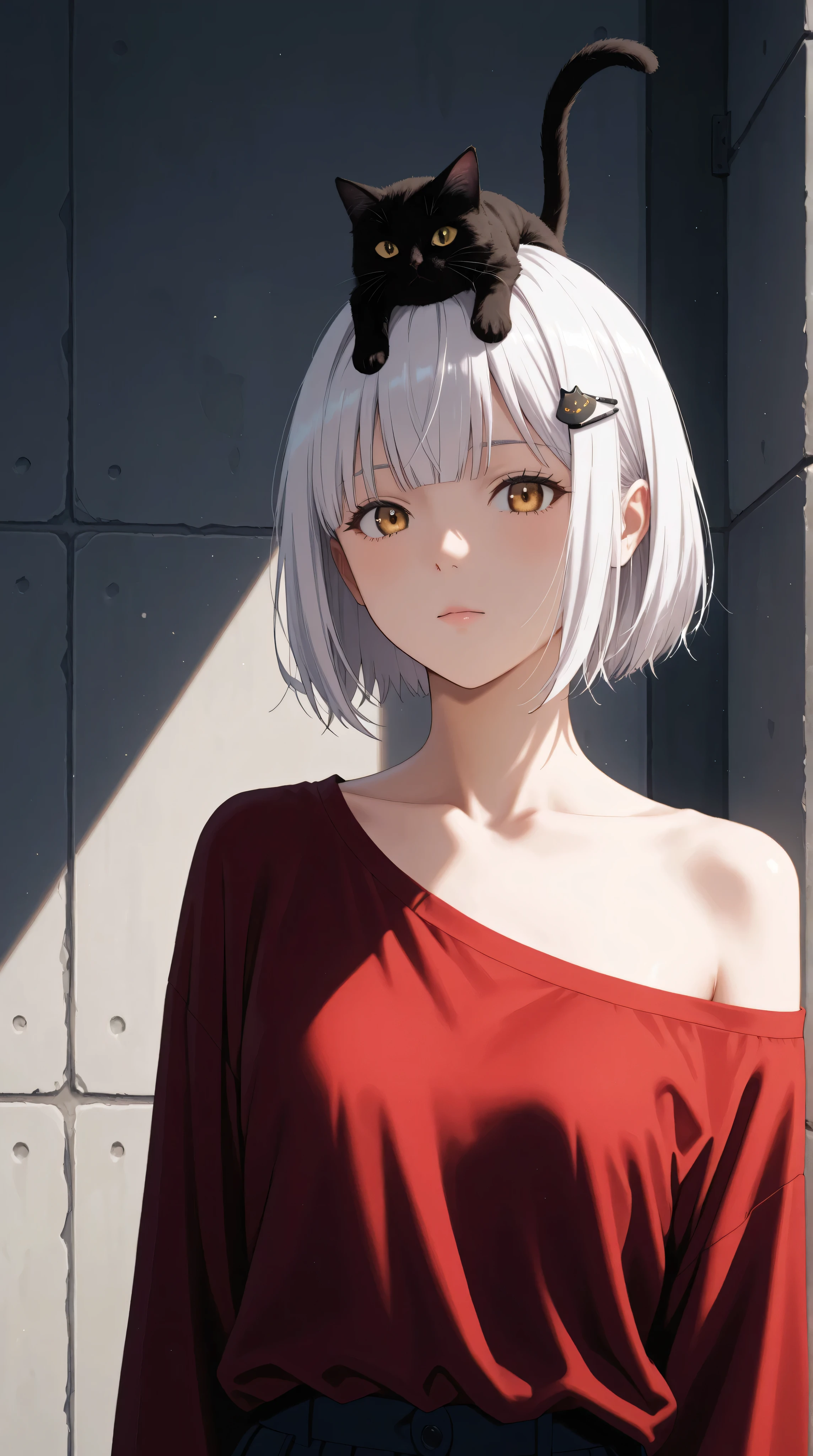 Koneko toujou is a  girl with white hair and gold eyes. The front of her hair has two long bangs going past her shoulders and several loose bangs hanging over her forehead, while the back has a short bob cut. She also wears a black cat-shaped hair clip on both sides of her hair,
