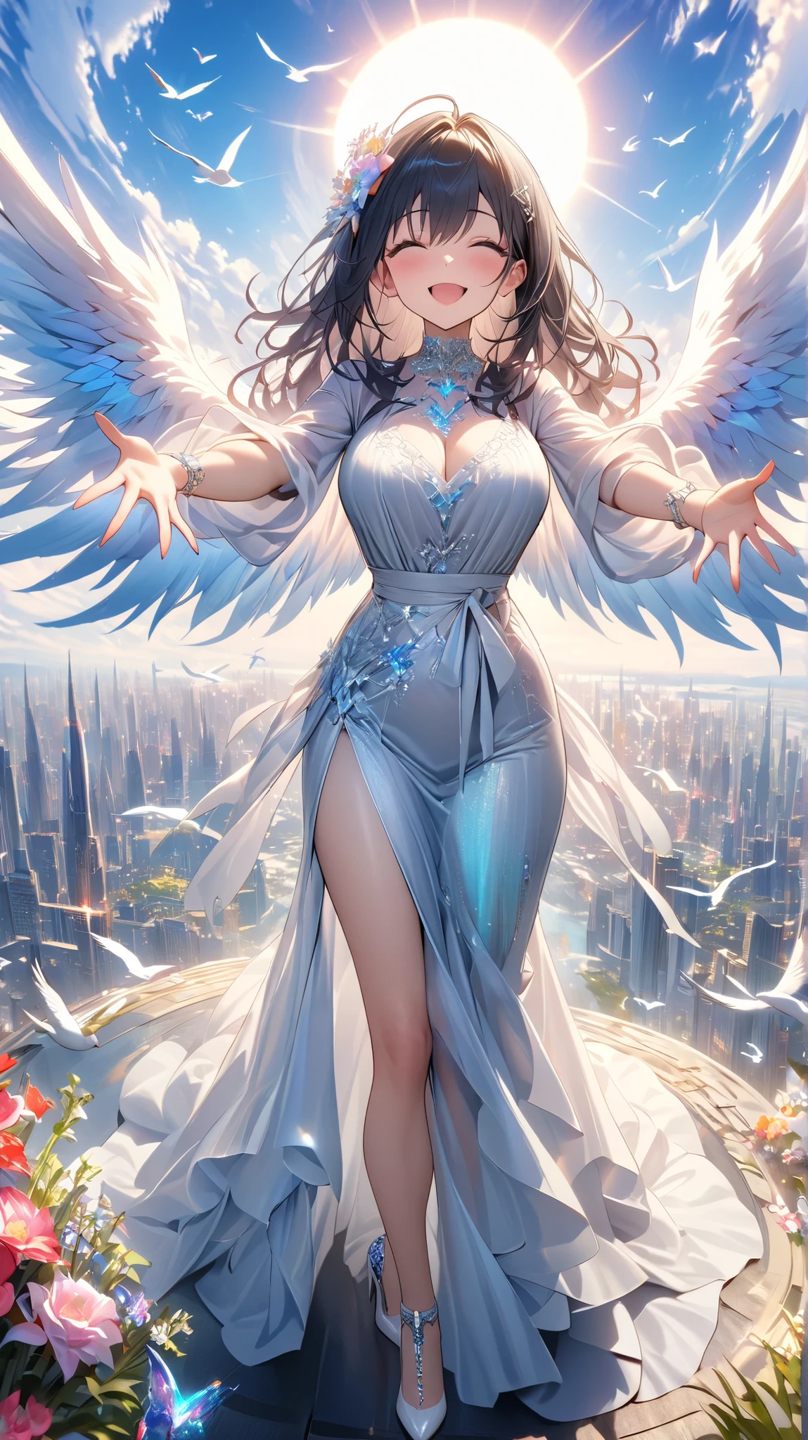 beautiful Angel, Wearing a gorgeous dress that covers the whole body, luxurly gawn,Floating in the air, angel wings, (angel ring:1.3), outdoor, detailed face, detailed eyes, detailed lips, detailed nose, detailed foot, full body shot, giga_busty