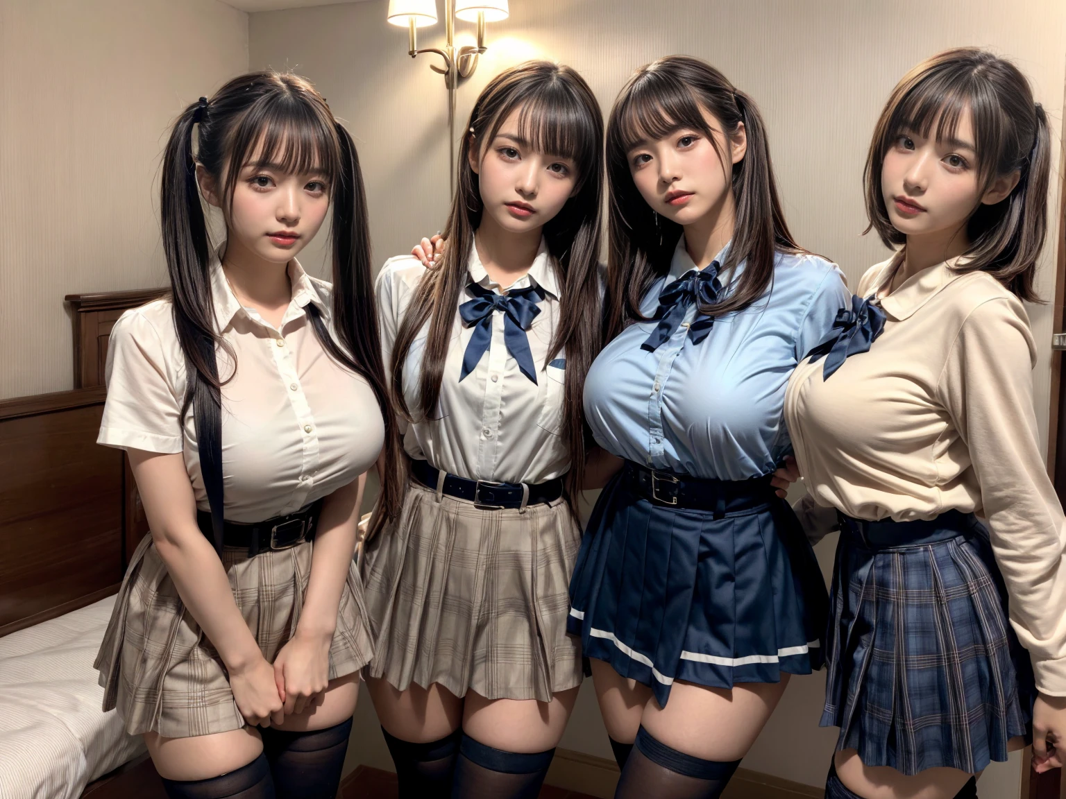 nsfw, Extreme idol group、three young japanese women、Twin tails、Slightly larger, super detailed idol face、White collared blouse| (Complete outfit with open sides), Bare Chest、A soft, slender body、Light pink nipples、A rolled up tartan mini skirt、Ultra detailed white panties:1.2, Attractive thighs、Black short socks、Brown leather loafers