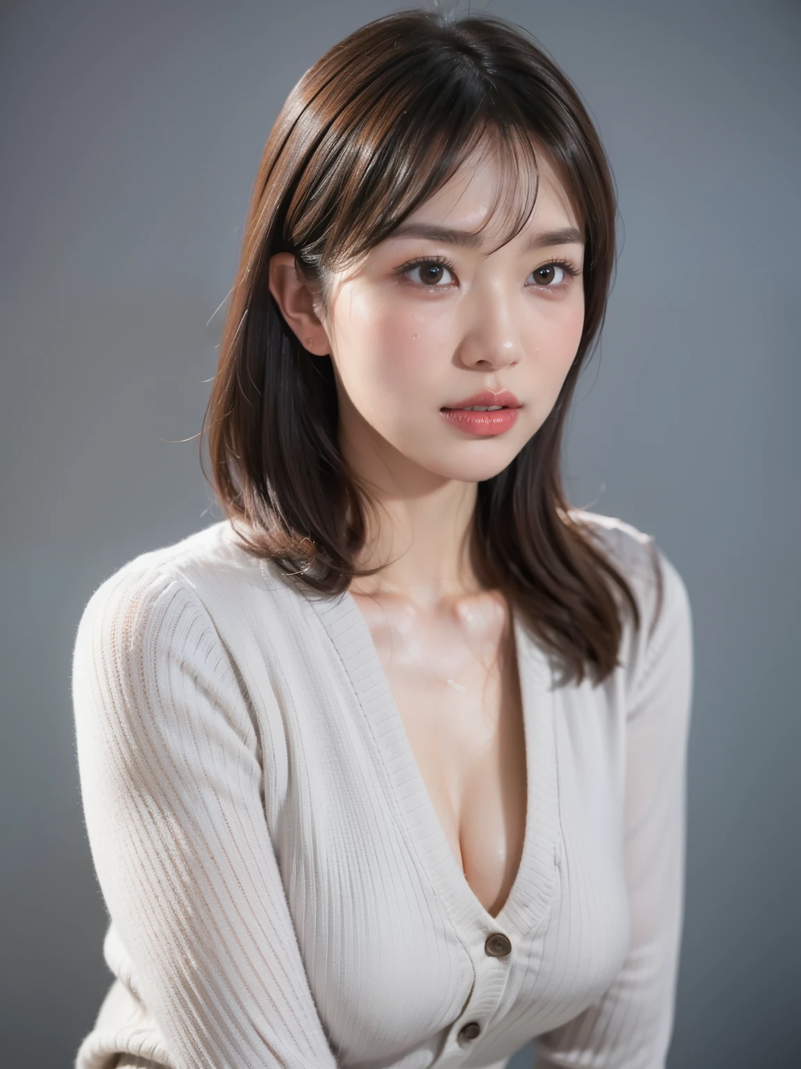 High resolution, masterpiece, Irritated skin, Very detailed, Photorealistic, Professional Lighting, Written boundary depth, sharp, (Gray background), (Front view:1.2),(Japanese Mature, 38 year old women are sexy:1.0), Detailed face, Beautiful Eyes, bangs, Shapely large breasts, Light brown straight hair, Faint lips, (Catch Eye:1.3),((Stand in front、Look at the audience, Serious face eyes,)), (Ultra-thin sweater:1.2), theta, Full body photo, Cowboy Shot、 Big Breasts 、Nipples、 facing the front 、Red lipstick、(( crying with tears )), wide open chest 、 cute woman sitting、