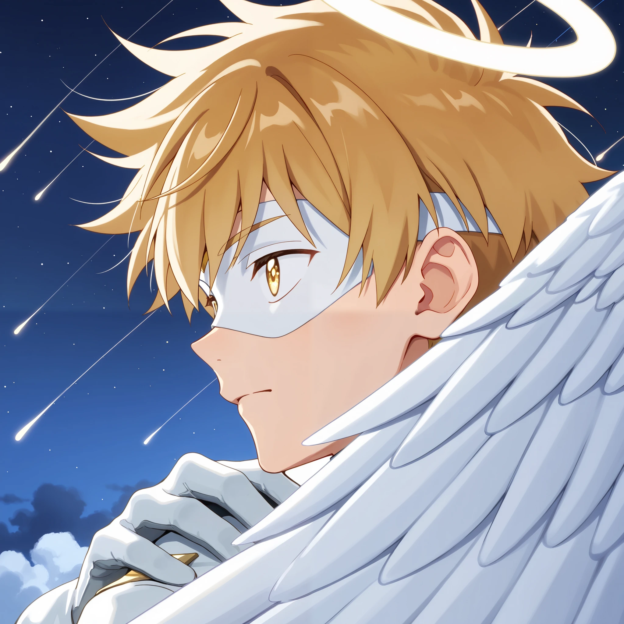 Full pure White hero masked men anime, solo, male focus,white angle uniform,white mask,white eye mask,gloves,angel,1boy,male focus,big white angel wing,angel halo,golden eyes,night sky clouds heaven bankground,inuzuka shuu, blonde,boring,playful, resting on clouds,playful,look at sky,Meteor shower,face focus,side view,star light,