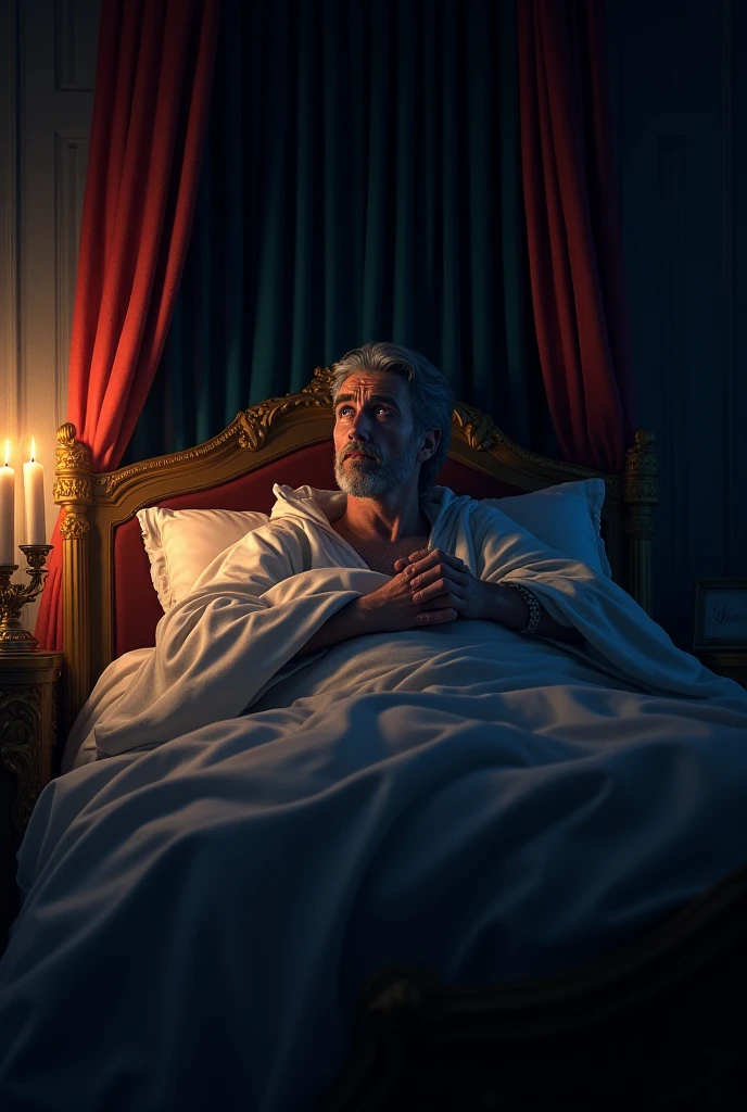 illustrates a 50 year old king sleeping naked in his bed, on honeymoon with his wife