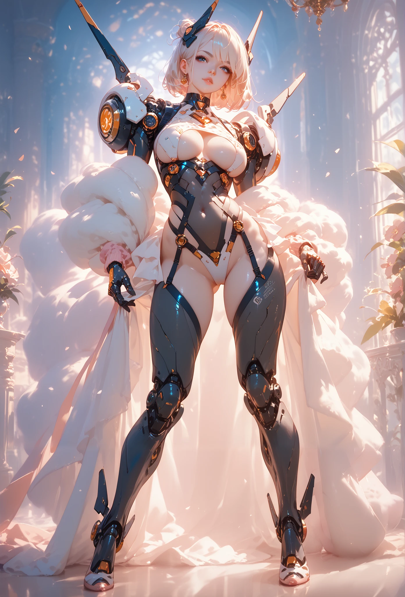 Full breasts, (Large Breasts:1.1), Cleavage,cleveage , Ponytail, (Beautiful purple, White), Sexy mecha armor, (crop top), Future mecha suit, (cleveage), ((The largest mechanical phoenix wings)), (High Legs), (permanent), Sexy body, Muscle Abs, Ultra HD, 8k, 1080p.