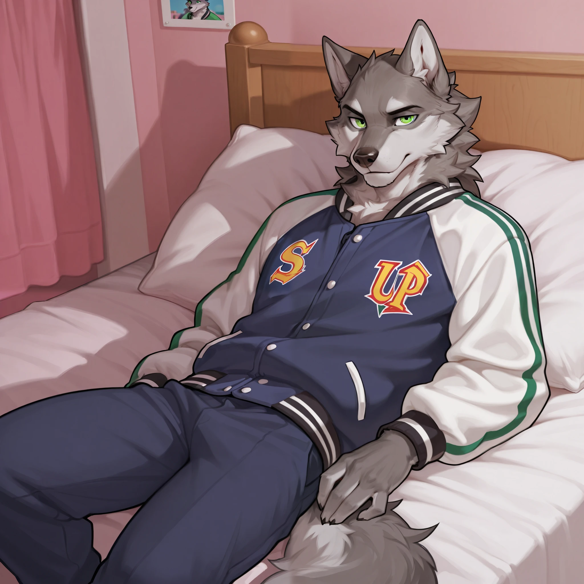 Furry wolf, wolf, man, masculine, buff, letterman jacket, lounging, bed, dorm room, green eyes, solo.