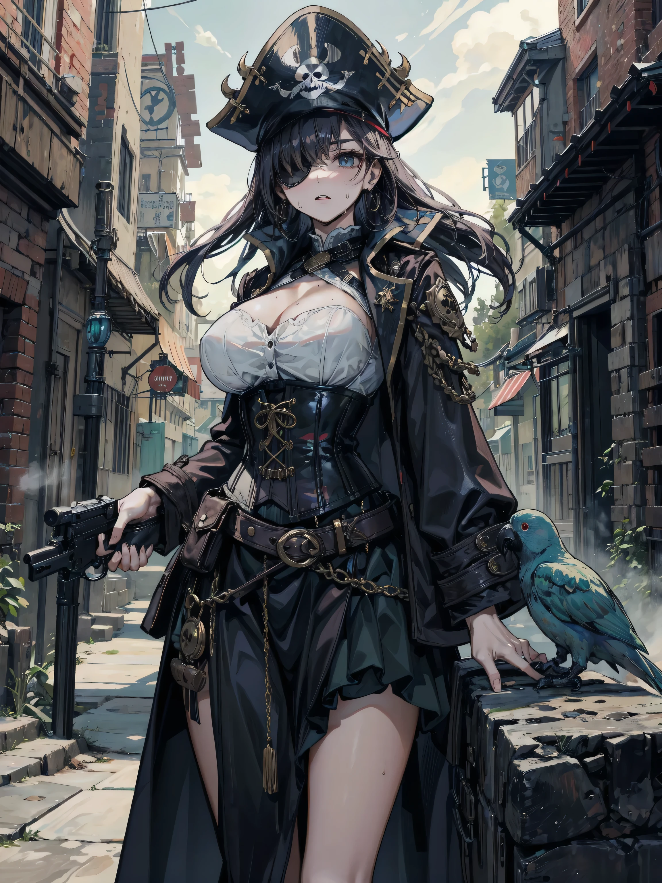 1girl,(pirate:1.25),rogue,eye patch,cleavage,thighhighs,black thighhighs,extremely detailed,looking at viewer(masterpiece, best quality:1.2)<lora:adventurers_v1:1>