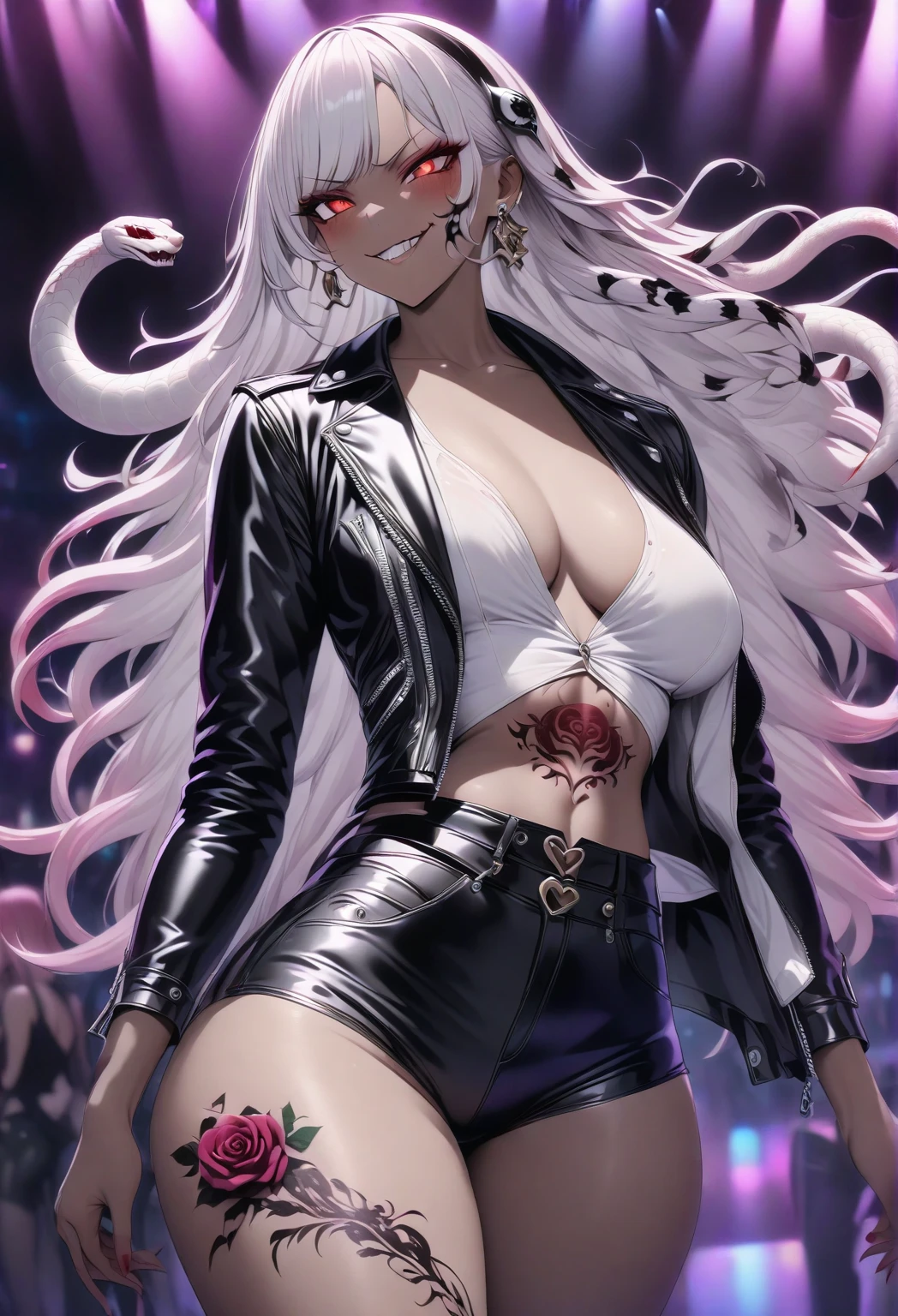 mean girl, SOLO, Nightclub, Earrings, Half-removed leather jacket, Black rubber shorts, Dark Skin, multicolored hair, messy hair, hairband, snake hair ornament,Large rose tattoo, afro,evil smile, anime style, reflection light, depth of field, UHD, textured skin, super detail, anatomically correct, masterpiece, 16k, best quality