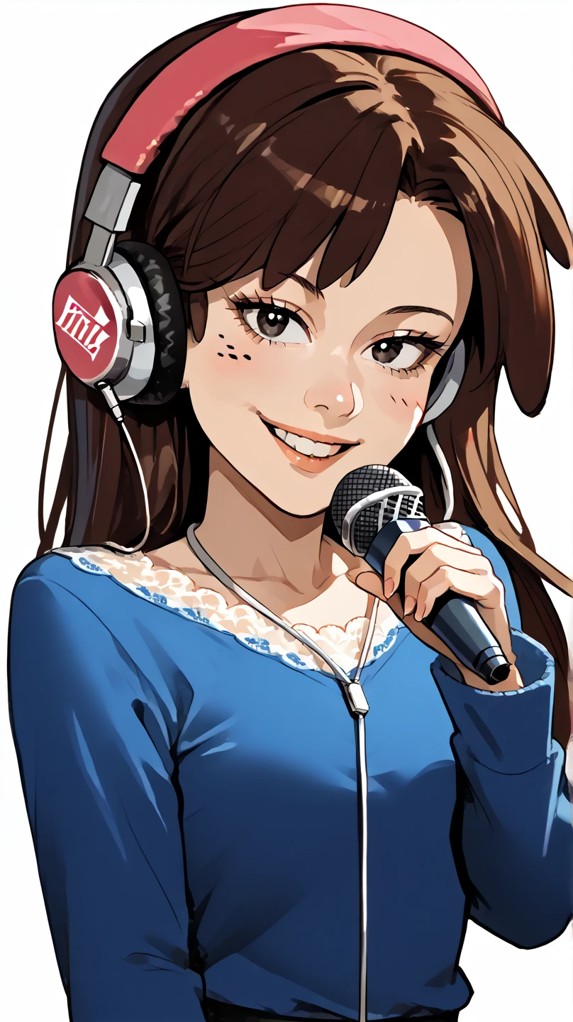(((masterpiece))), ((best quality)), ((ultra-detailed)), (illustration), (detailed lig ht), (an extremely delicate and beautiful), source_cartoon, source_anime, 1girl, ,perfect eyes, brown hair, pink headband, black eyes, kirito, 1girl, headphones, long_hair, holding, microphone, long_sleeves, headphones_around_neck, looking_at_viewer, smile, lace_trim, black_shirt, brown_eyes, white_background, very_long_hair, upper_body, shirt, solo, lace