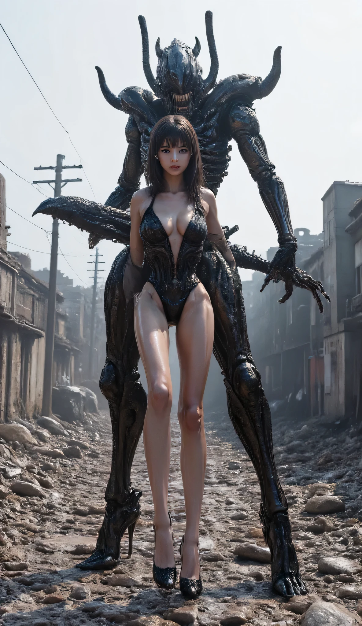 God Eater, a gorgeous Japanese girl in a deep V sheer lace mini dress, stockings, and gorgeous super high heels, standing in a dystopian urban setting, holding a huge, highly detailed mechanical chainsaw-like sword, It's filled with complex mechanical parts, gears and rivets, and is incredibly strong. (((The girl's fragility contrasts sharply with the mechanical chainsaw-like sword))), which adds to its mystery and deterrence. The background is filled with dilapidated buildings and power lines, set against a grey sky, enhancing the desolate and industrial feel of the scene. The overall image exudes a sense of power, danger, and the end of the world. Beautiful face, with super realistic and delicate features. ,Super fine F-GVA mechanical chainsaw sword, the woman raised the weapon and threw it into the air to transform into a huge mechanical Transformers Megatron **Camera movement**: The camera follows the movement of the huge machine and captures the destruction process in real time.