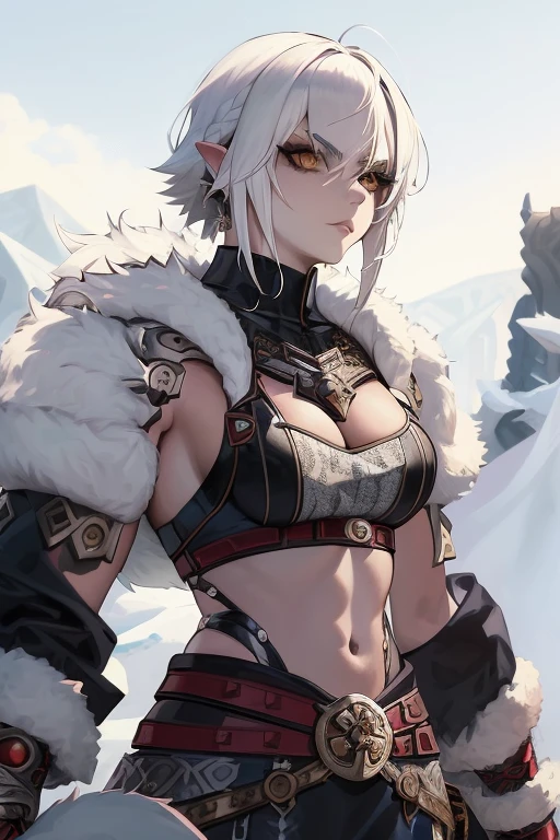 1girl, solo, short hair, blue eyes, white hair, ((muscular)), abs, huge breasts, thick thighs, tundra winter background, finely detailed bikini armor, angry, looking at viewer, ((pale skin))