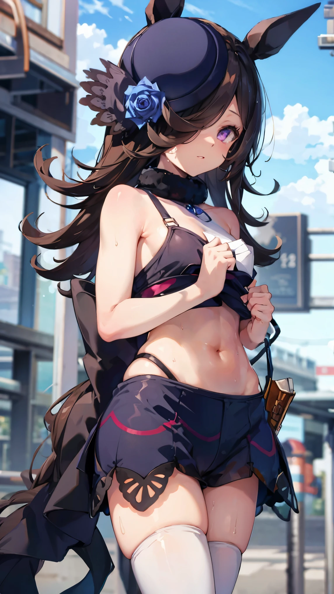 ubel,((ubel of Frieren: Beyond Journey's End )),dark green hair,long hair,side ponytail,hair between eyes,bangs, (miritary beret, black jacket, open clothes, cleavage, midriff, black shorts, black thighhighs, thigh strap, fingerless gloves, single glove:1.2) , (dynamic angle:1.3, front view:1.1, breast focus:1.3, from below:1.2), (dynamic posing:1.5, sexy posing:1.2, leaning forward), (seductive smiling:1.3),(*K) HD, highest quality, WorKs of masters, High resolution, spread legs, panties shot,1 girl, small nose,(with sparkling eyes and a contagious smile), very beautiful detailed face and eyes, bright colors, cute face, delicate beautiful face, Bright magenta eyes, cute eyes, sparkling eyes, Big eyes, (big breasts:1.3), (perky chest:1.1), (pointed chest:1.0), medium hips, glamorous body, white skin, smile, thin pubric hair, shiny hair, super beautiful face, Super beautiful eyes, Super beautiful hair,trendy outfit,sexy and attractive,explosion of colors,big hairpin,full body esbian,illegal occupation, Real World, Natural light,perfect Natural light,looking at viewer,