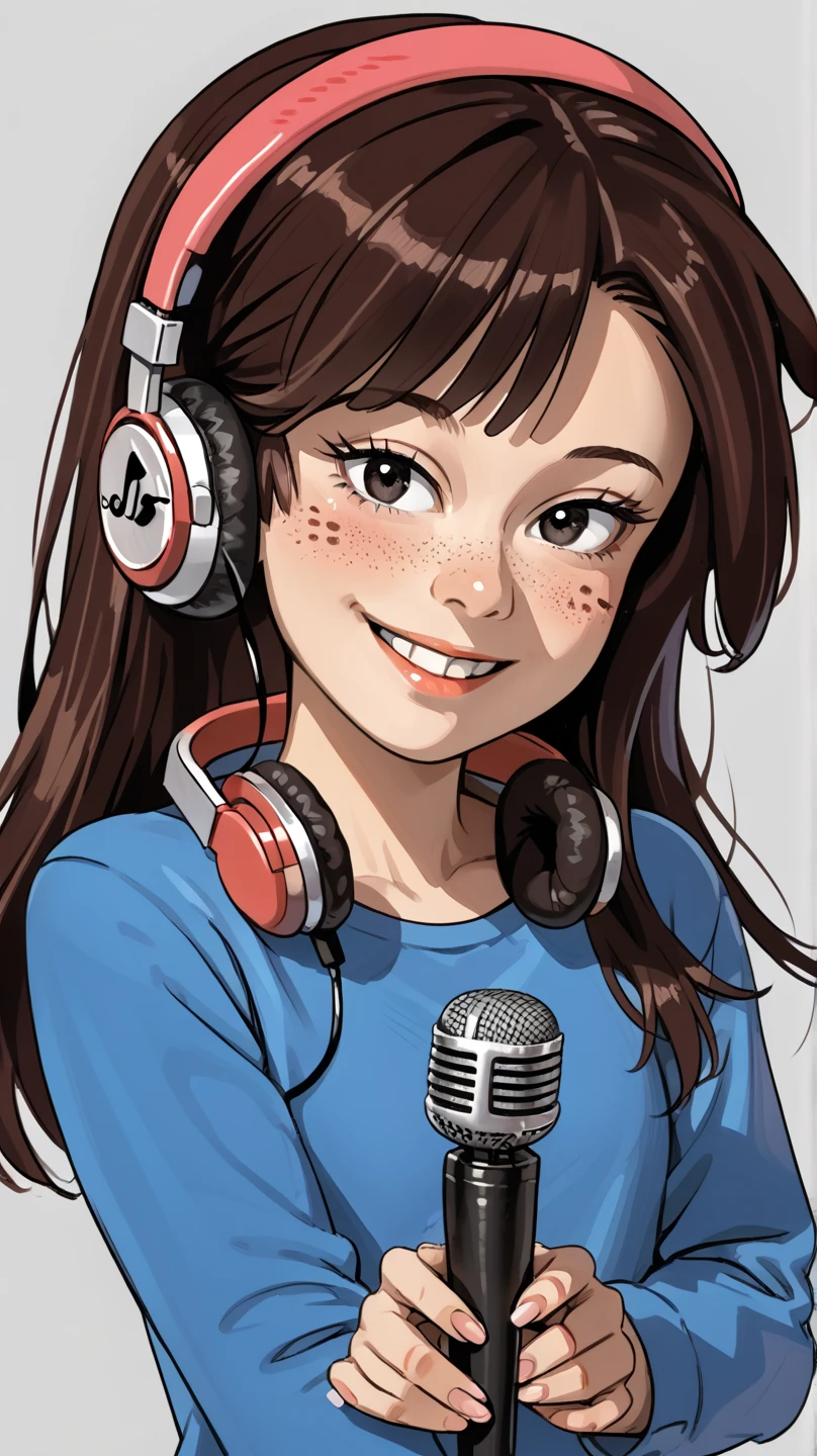 (((masterpiece))), ((best quality)), ((ultra-detailed)), (illustration), (detailed lig ht), (an extremely delicate and beautiful), source_cartoon, source_anime, 1girl, ,perfect eyes, brown hair, pink headband, black eyes, freckles, kirito, 1girl, headphones, long_hair, holding, microphone, long_sleeves, headphones_around_neck, looking_at_viewer, smile, lace_trim, black_shirt, brown_eyes, white_background, very_long_hair, upper_body, shirt, solo, lace