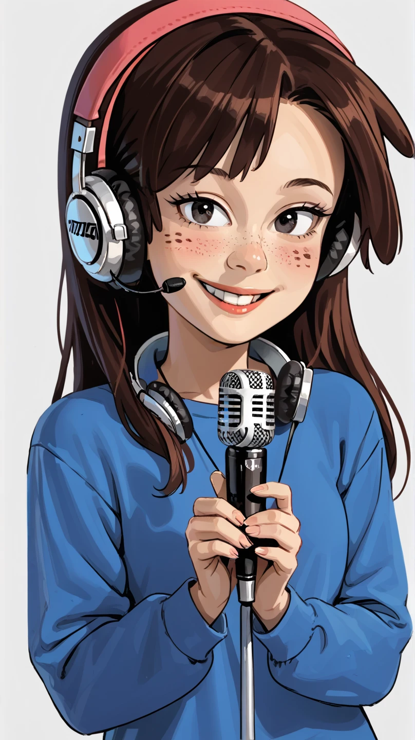 (((masterpiece))), ((best quality)), ((ultra-detailed)), (illustration), (detailed lig ht), (an extremely delicate and beautiful), source_cartoon, source_anime, 1girl, ,perfect eyes, brown hair, pink headband, black eyes, freckles, kirito, 1girl, headphones, long_hair, holding, microphone, long_sleeves, headphones_around_neck, looking_at_viewer, smile, lace_trim, black_shirt, brown_eyes, white_background, very_long_hair, upper_body, shirt, solo, lace