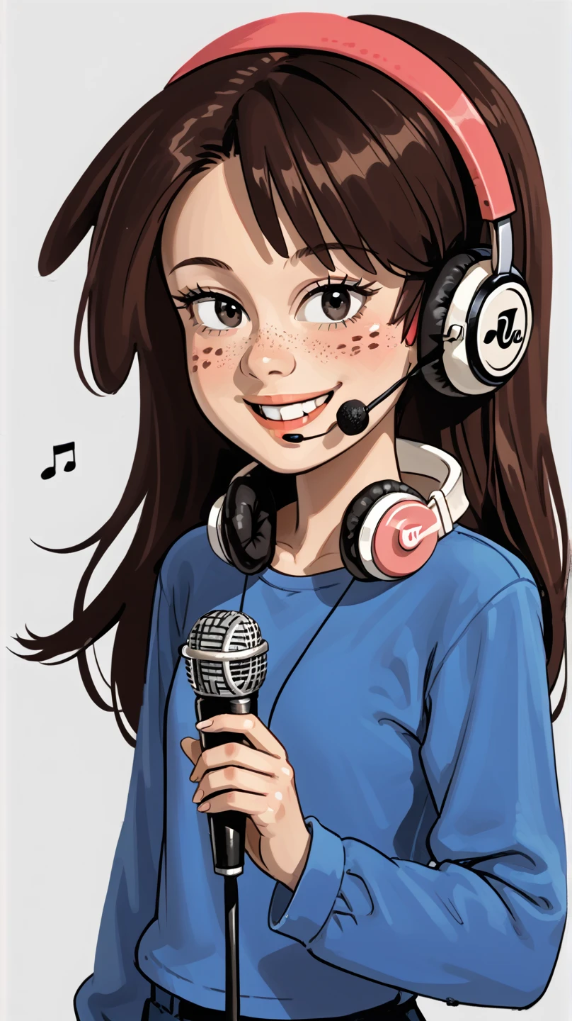 (((masterpiece))), ((best quality)), ((ultra-detailed)), (illustration), (detailed lig ht), (an extremely delicate and beautiful), source_cartoon, source_anime, 1girl, ,perfect eyes, brown hair, pink headband, black eyes, freckles, kirito, 1girl, headphones, long_hair, holding, microphone, long_sleeves, headphones_around_neck, looking_at_viewer, smile, lace_trim, black_shirt, brown_eyes, white_background, very_long_hair, upper_body, shirt, solo, lace
