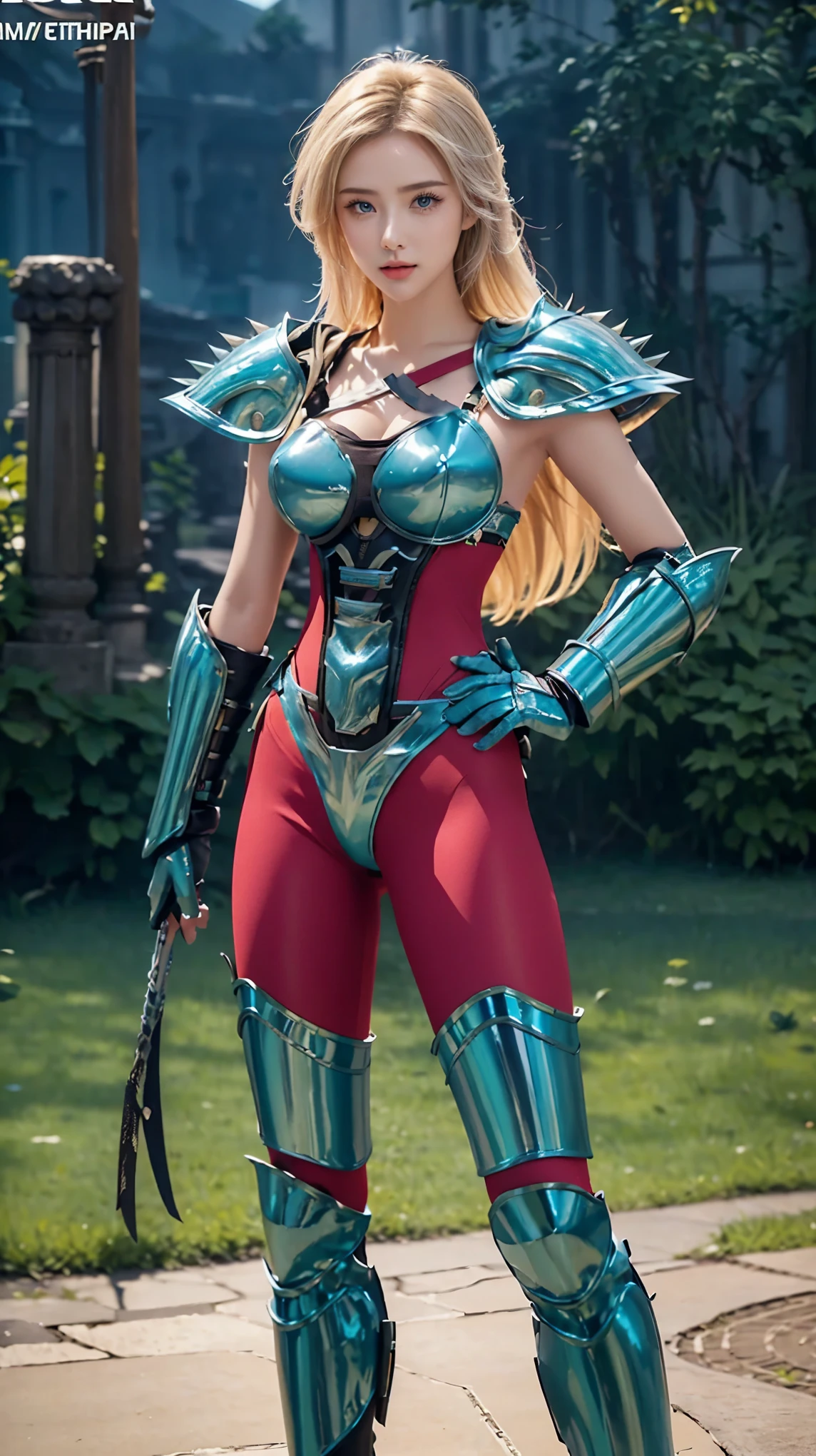 A very realistic depiction of a warrior woman with flowing long blonde hair, a sexy body, large breasts, a slight cleavage, shiny thin lips, standing confidently against the backdrop of ancient ruins. Sharp blue eyes, and her slightly sweaty skin. He wore intricate metal armor with a futuristic design yet medieval style. His outfit consists of a sleek and form-fitting breastplate made of polished blue steel with curved metal plates designed to enhance protection. The chest plate is connected to a reinforced V-shaped waist guard, with silver-like straps securing it tightly to his body. His pauldron (shoulder guard) is large, adorned with sharp spikes facing outward. His arms are covered with segmented arm guards that extend to the elbows, made of blue metal, featuring intricate carvings and overlapping plates for flexibility in battle. The lower part of his body is covered with a fitted dark red armored bodysuit, which is integrated with metallic leg guards. The thigh and shin guards feature a layered design and articulation for mobility, with additional silver plating on the knees for extra protection. Lighting and reflections on the metallic surface enhance realism, showcasing every small detail, from the steel texture to fine imperfections and battle scratches. The background features ancient stone pillars and distant mountains.